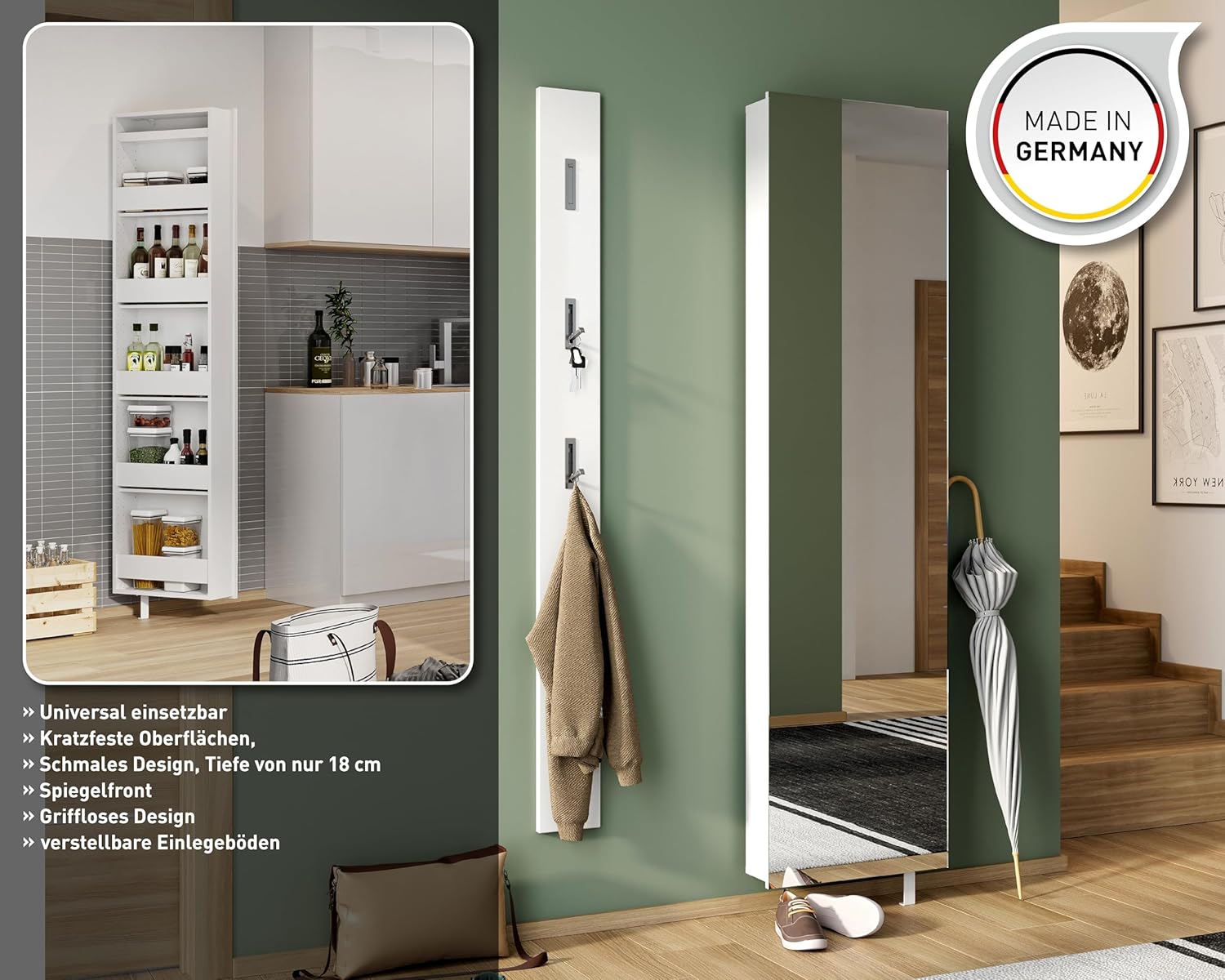 GERMANIA DIE MÖBELMACHER 1189-84 Multi-purpose 1 Door Rotary Cabinet, Chipboard, Glass, White, (L/H/D), 50 x 195 x 18 cm