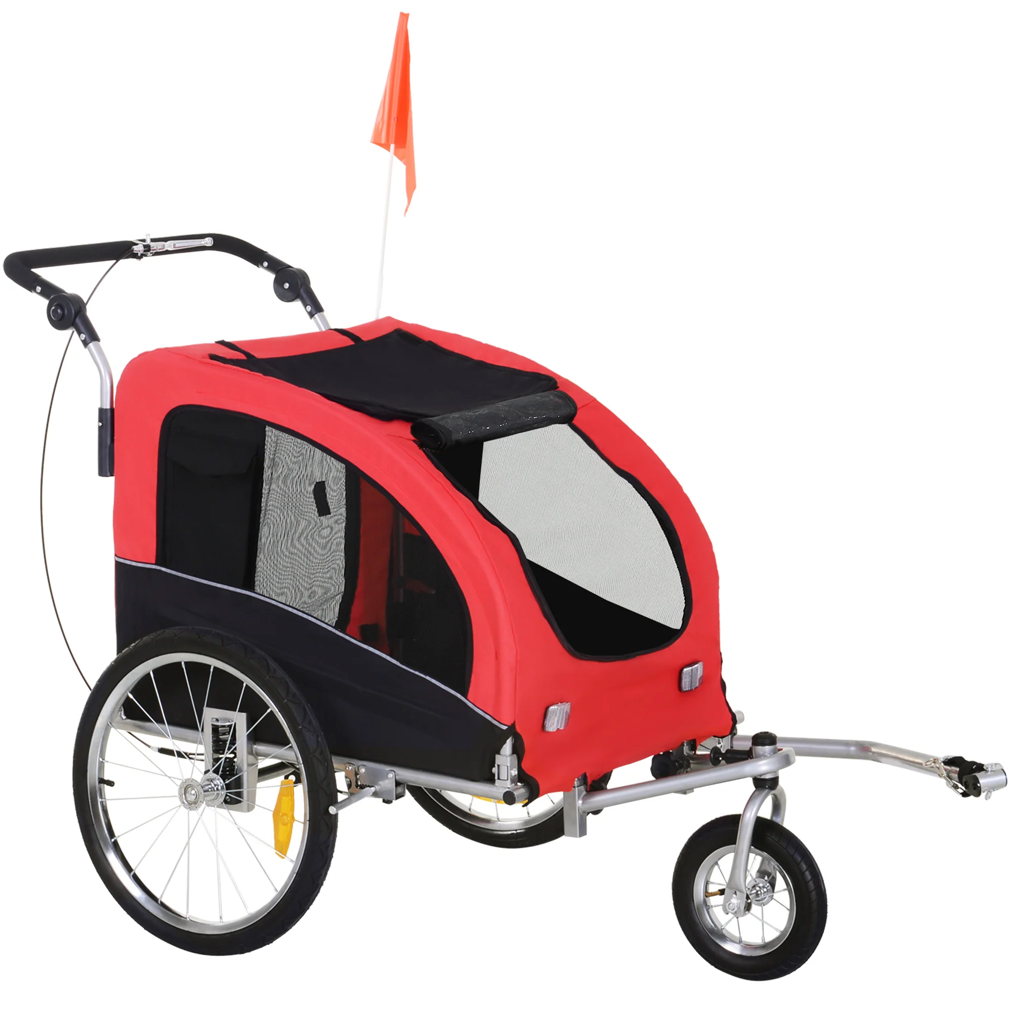 PawHut 2 in 1 hondenaanhanger fietskar jogger vlag regenhoes voor honden Rood