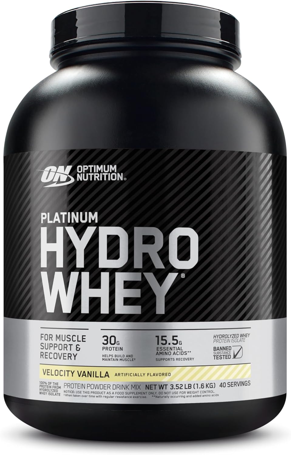 Optimal Nutrition Platinum Hydro Whey, hydrolyserat vassleproteinisolatpulver med essentiella aminosyror, glutamin och BCAA, vaniljsmak, 40 portioner, 1,6 kg