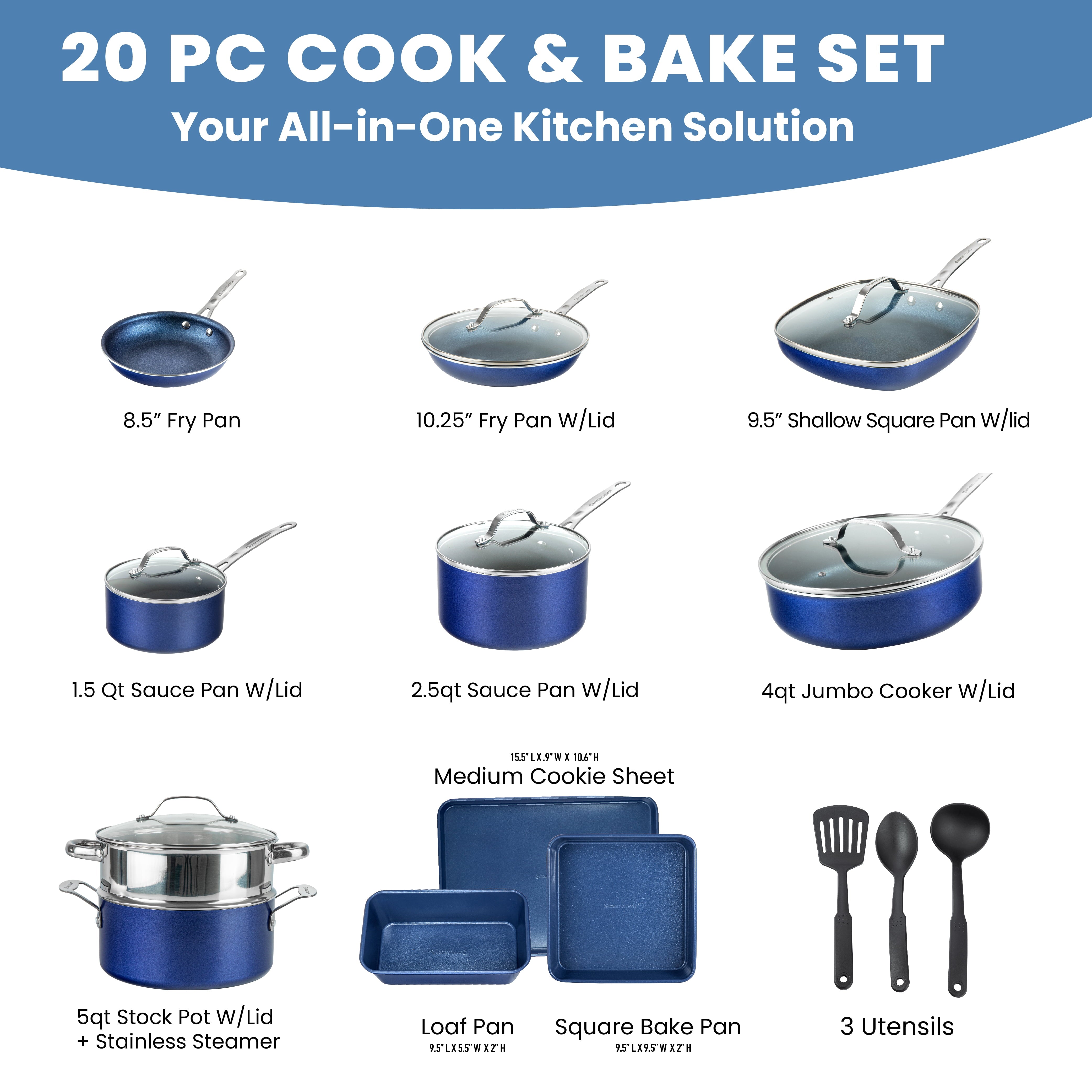 Granitestone Nonstick Pots and Pans 20 Pcs Kitchen Cookware Bakeware Set Cooking Frying Skillet Sauce Pan Blue