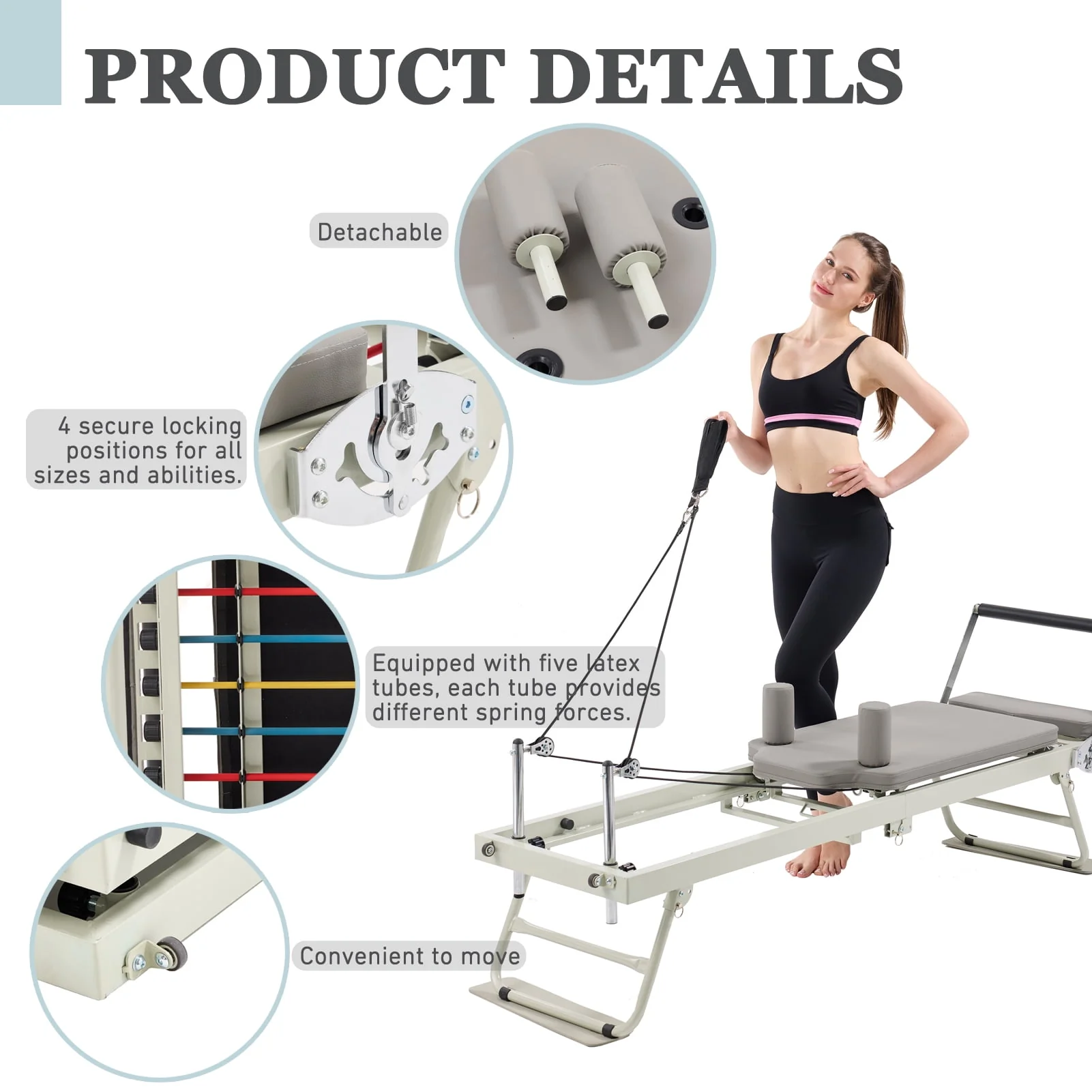 Pilates Reformer Machine , Foldable Pilates reformer Core Bed Equipment Machine for Home Gym Women Yoga Workout Indoor Pilates Exercise Equipment Grey Core bed with 5 Resistance tubing for Beginner