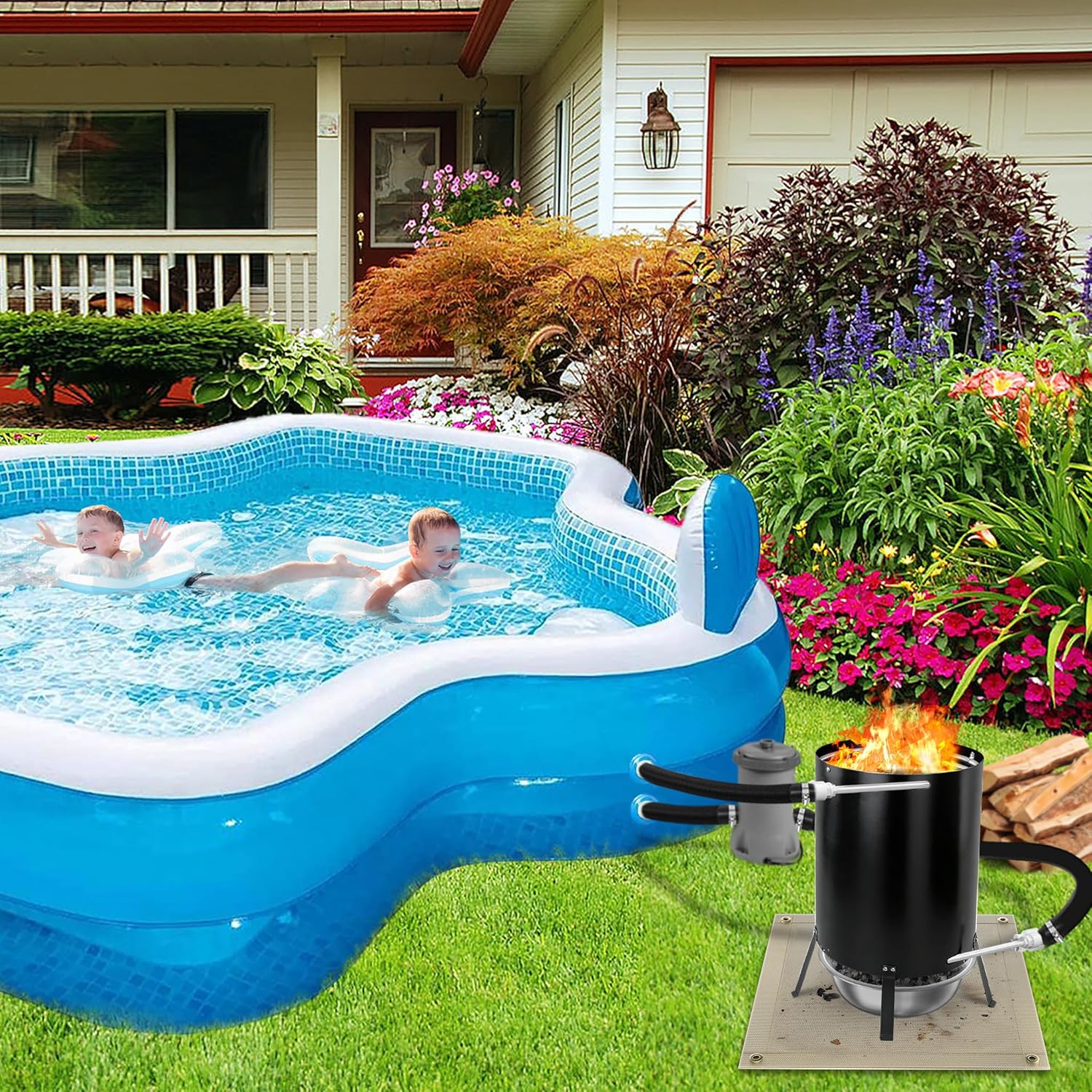 LZQ Poolheizungen mit Feuer und Heizspirale,Outdoor Poolofen, Edelstahl Schwimmbadheizung mit Ø32/38mm Anschlüsse Brennholz Pool Heizung 28L Feuertonne Holz, Schwarz, 2 Stück
