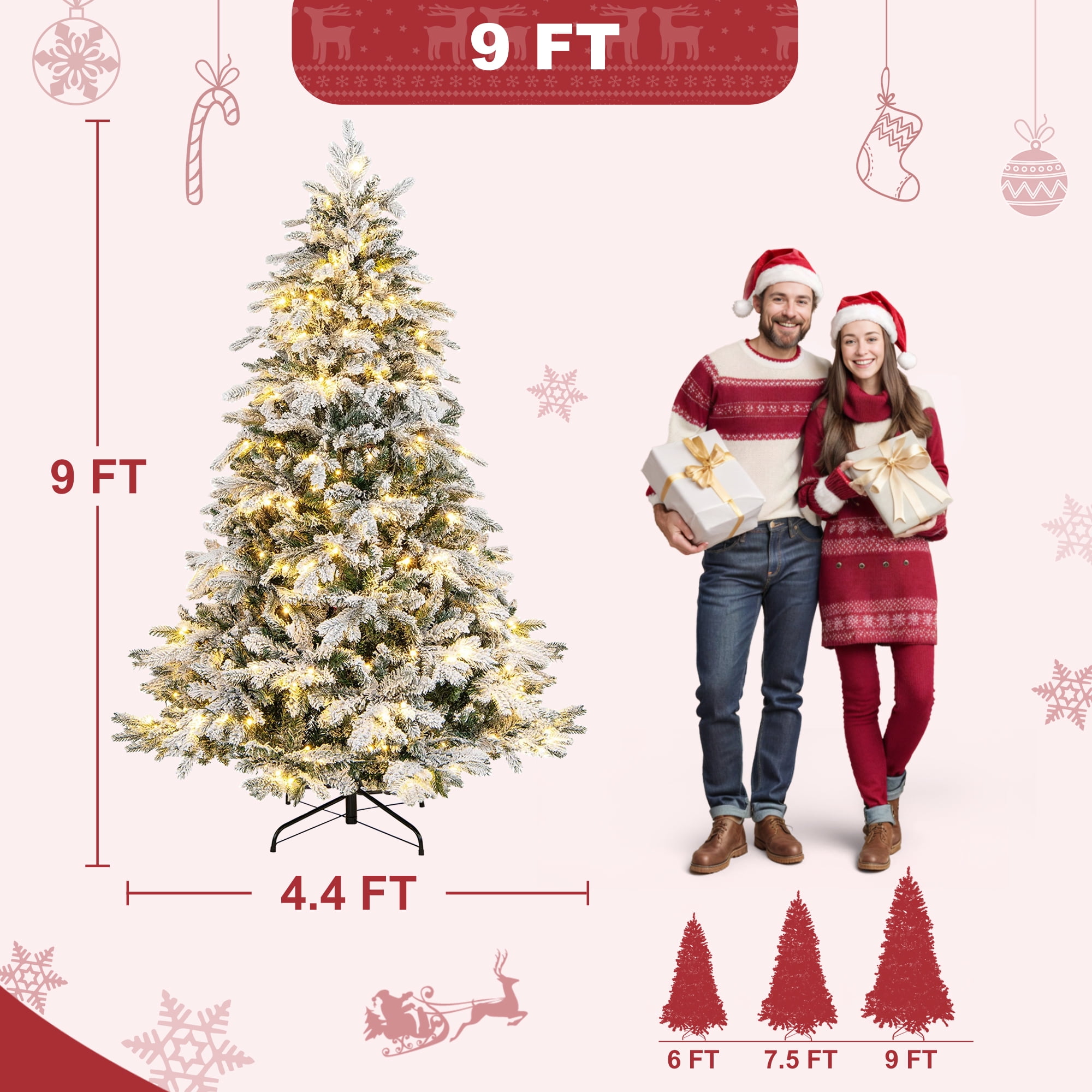 Vrilay 6ft Pre-Lit Snow Flocked Artificial Christmas Tree w/ 1000 Tips 300 Lights, Gold Ribbon & Snowflake Christmas Decorations