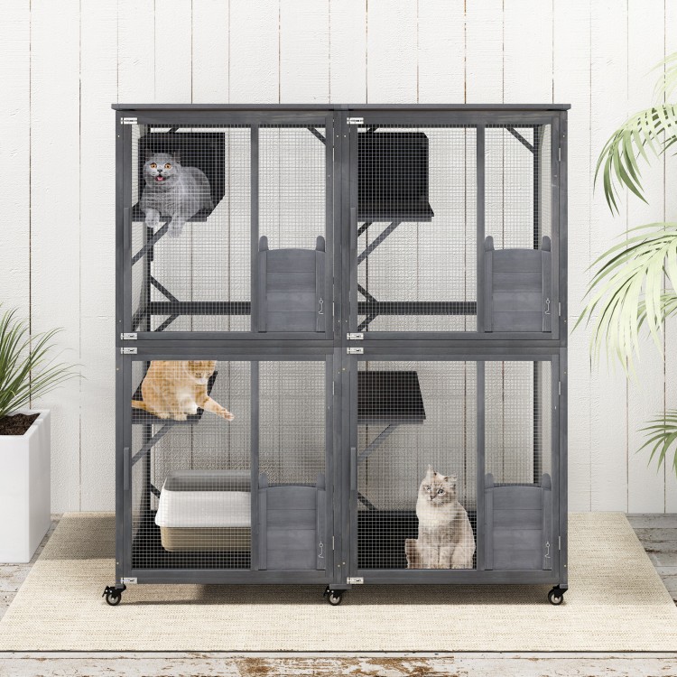 72 Inch Large Wooden Cat House Catio Kitten Enclosure on Wheels with Weatherproof Asphalt Roof