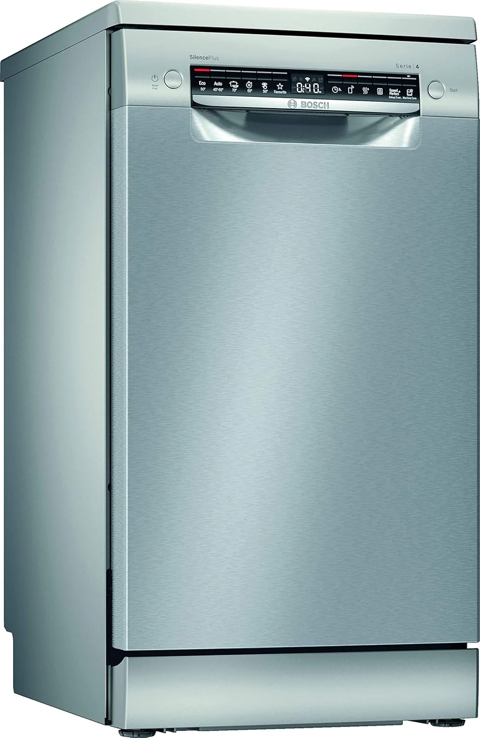 Bosch SPS4HMI61E Serie 4 Lavastoviglie a libera installazione / E / 45 cm / Acciaio inox / 76 kWh/100 cicli / 10 coperti / SuperSilence / Extra asciugatura / VarioCassetto / Home Connect