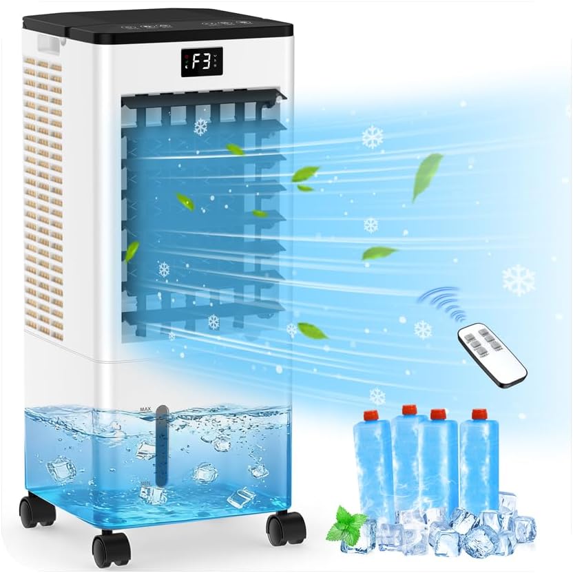 Klimaanlage Mobil Ohne Abluftschlauch, 4 IN 1 Verdunstungskühler Wassertank Leiser Luftkühler Schlafmodus 4 Modi 3 Geschwindigkeiten 60/120° Oszillation 1-12h Timer 4 Kühlakku für Zuhause Schlafzimmer