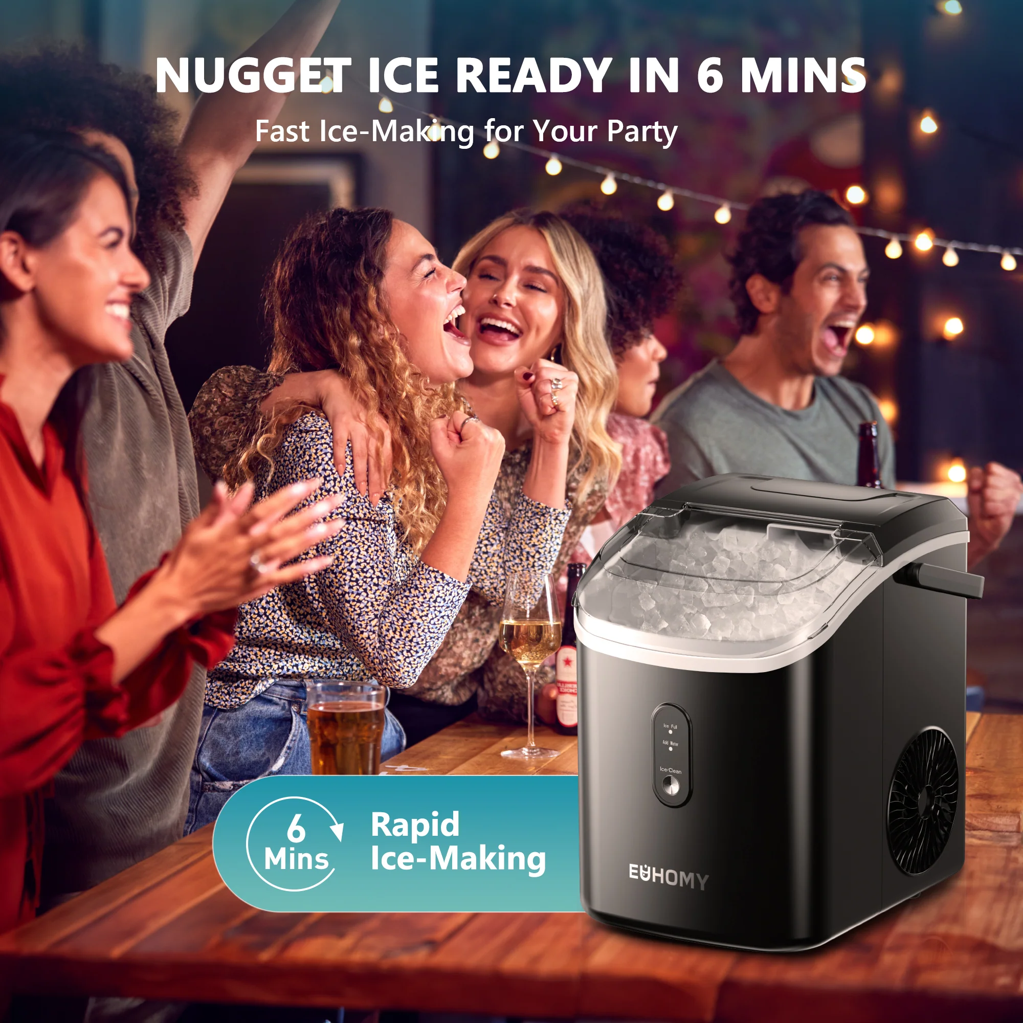 EUHOMY Auto-Cleaning 10'' Nugget Ice Countertop Ice Maker with Handle Including Cleaner Descaler