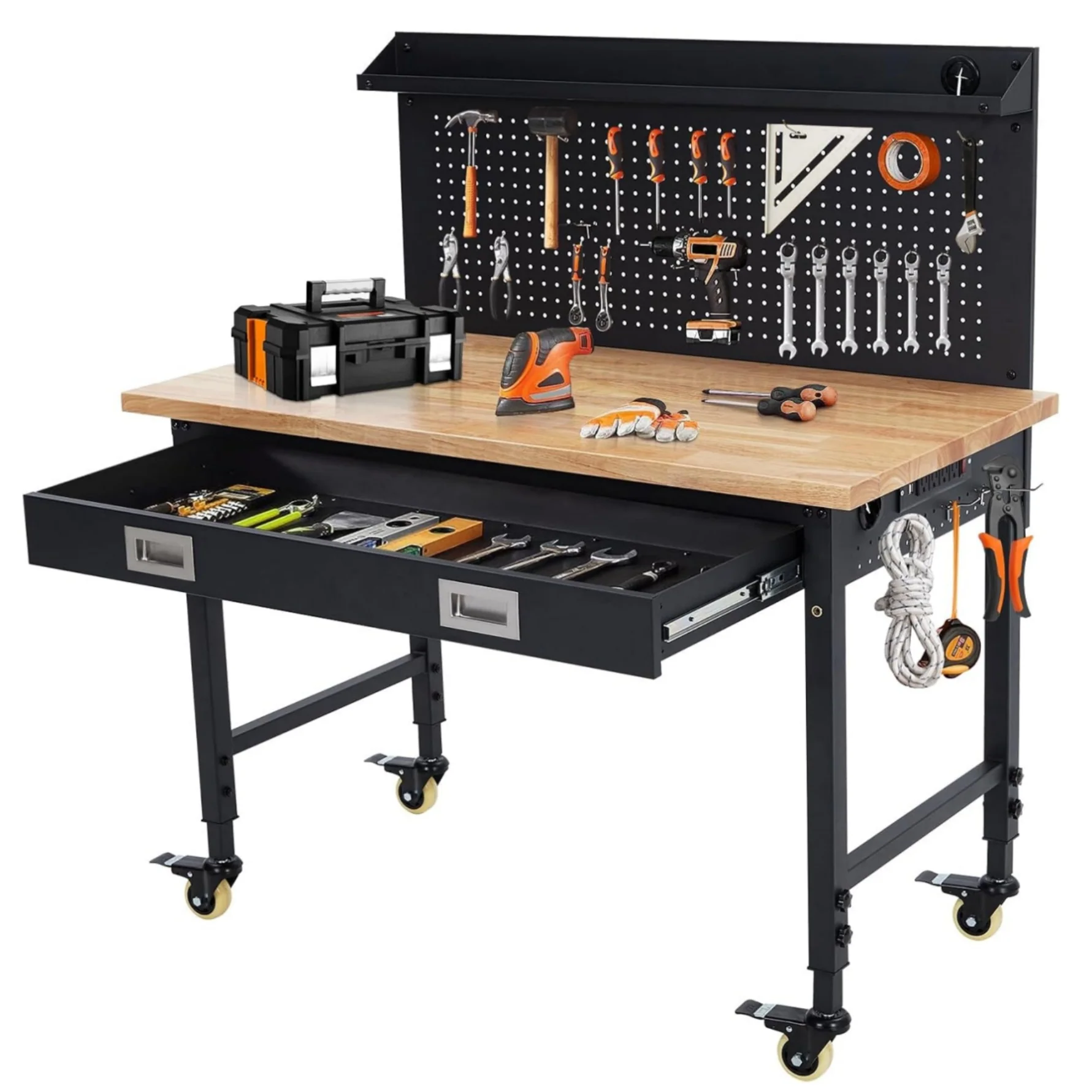 2026 Nuevo banco de trabajo para garaje 48 x 24 pulgadas mesa de trabajo resistente con cajón panel trasero capacidad 2000 lb madera de caucho con enchufes y ganchos