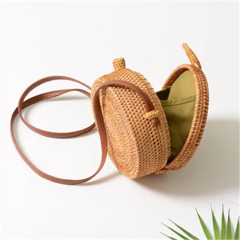 RattanpackTM Boho Round Woven Straw Bag – Handcrafted Rattan Crossbody Purse with Leather Strap