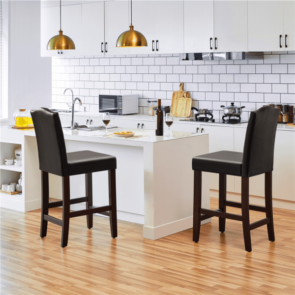 25.5 H Leather Counter Height Bar Stools Fullback, 2pcs, Brown