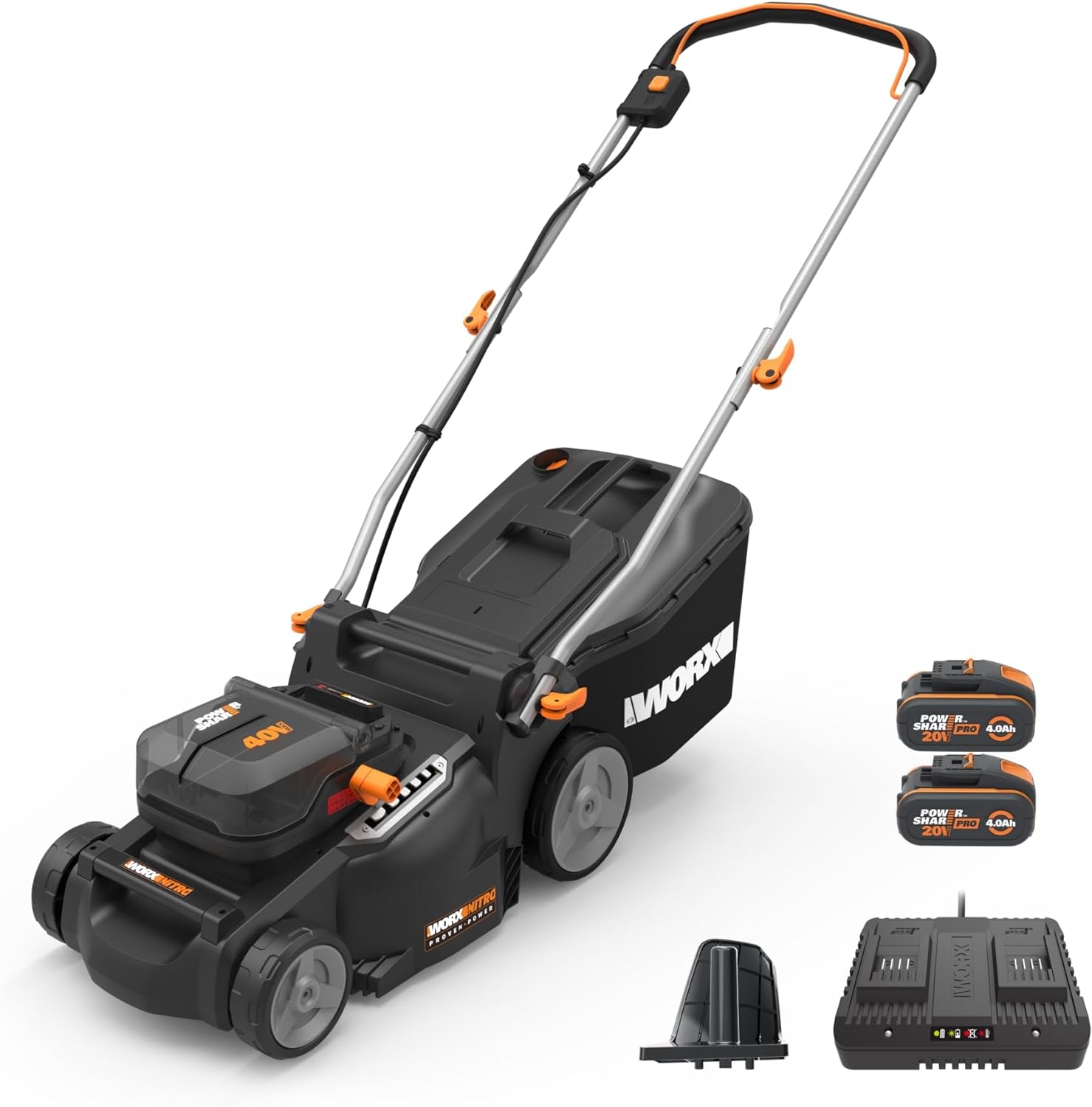 WORX WG737E Nitro Akku-Rasenmäher 40V(2x20V) - leistungsstarke bürstenloser Motor - 37cm Schnittbreite - 6 Schnitthöhenstufe (20-70mm) - 40L Grasfangsack - inkl. 2x4Ah Akkus  und  Dual-Ladengerät