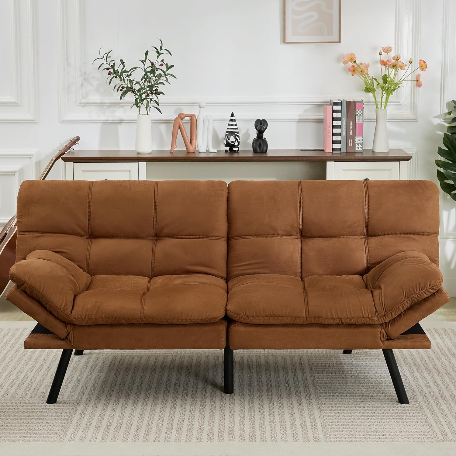 Amazon Basics Brown Loveseat,Convertible Couch Memory Foam Futon Sofa Bed Modern Sleeper Sofa for Small Compact Living Room,Office,Apartment, Linen Fabric