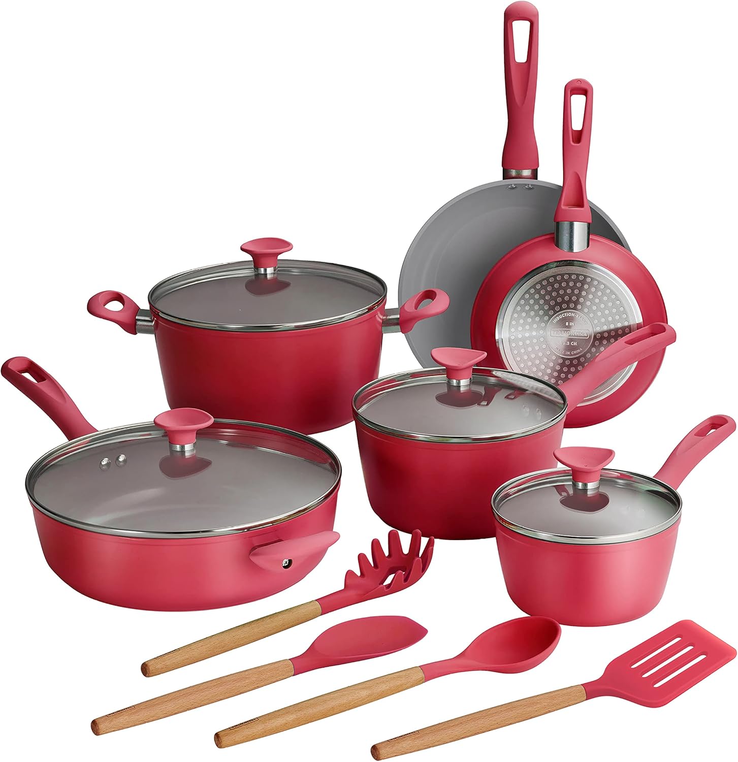 14-Piece Ceramic Cookware Set Red Nonstick, Induction-Ready, Oven Safe, Dishwasher Safe, Includes Fry Pans, Sauté Pan, Sauce Pans, Dutch Oven, and Wooden Utensils, 80110/034DS