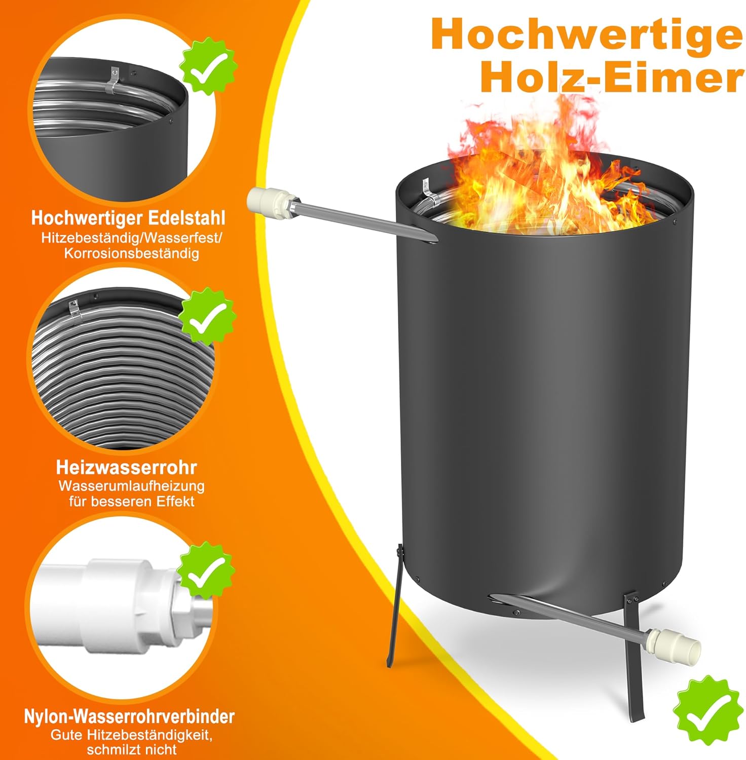 LZQ Poolheizungen mit Feuer und Heizspirale,Outdoor Poolofen, Edelstahl Schwimmbadheizung mit Ø32/38mm Anschlüsse Brennholz Pool Heizung 28L Feuertonne Holz, Schwarz, 2 Stück