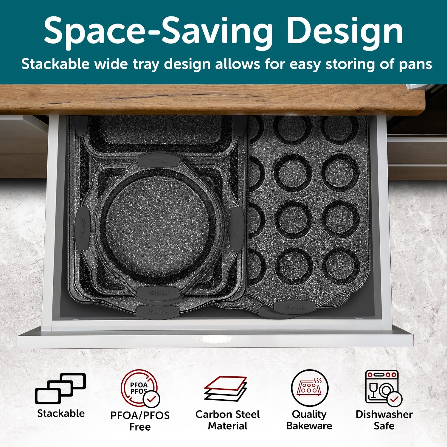 18-Piece Kitchen Oven Baking Set: Nonstick Gray Marble Coating, Carbon Steel Bakeware, Silicone Handles, Dishwasher Safe, Professional Quality, PFOA-Free