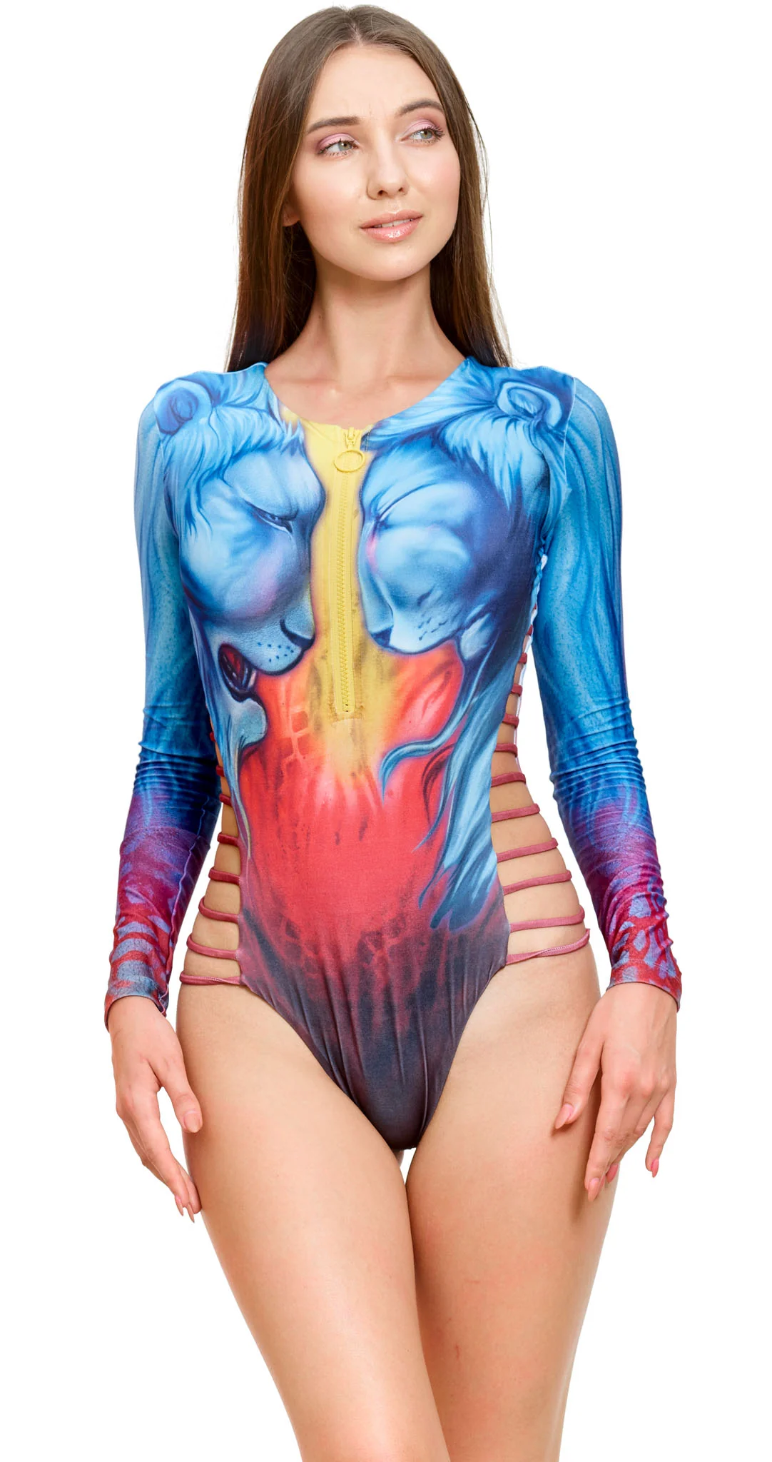 Long sleeve, chest zipper, side straps, no cups 'Blue Lions' swimwear