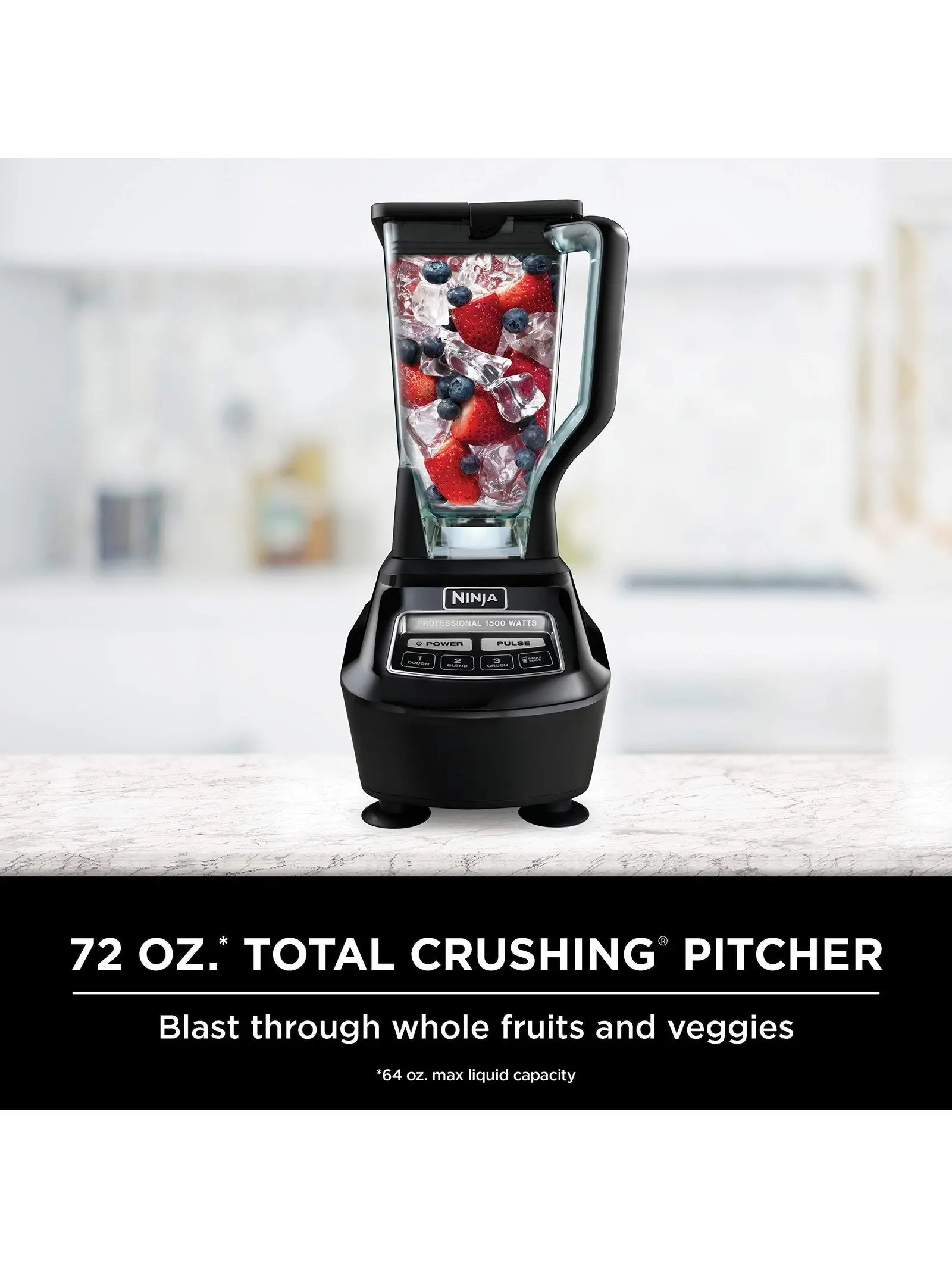 Ninja BL770 Mega Kitchen System, 1500W, 4 Functions for Smoothies, Processing, Dough, Drinks & More, with 72-oz.* Blender Pitcher, 64-oz. Processor Bowl, (2) 16-oz. To-Go Cups & (2) Lids, Black