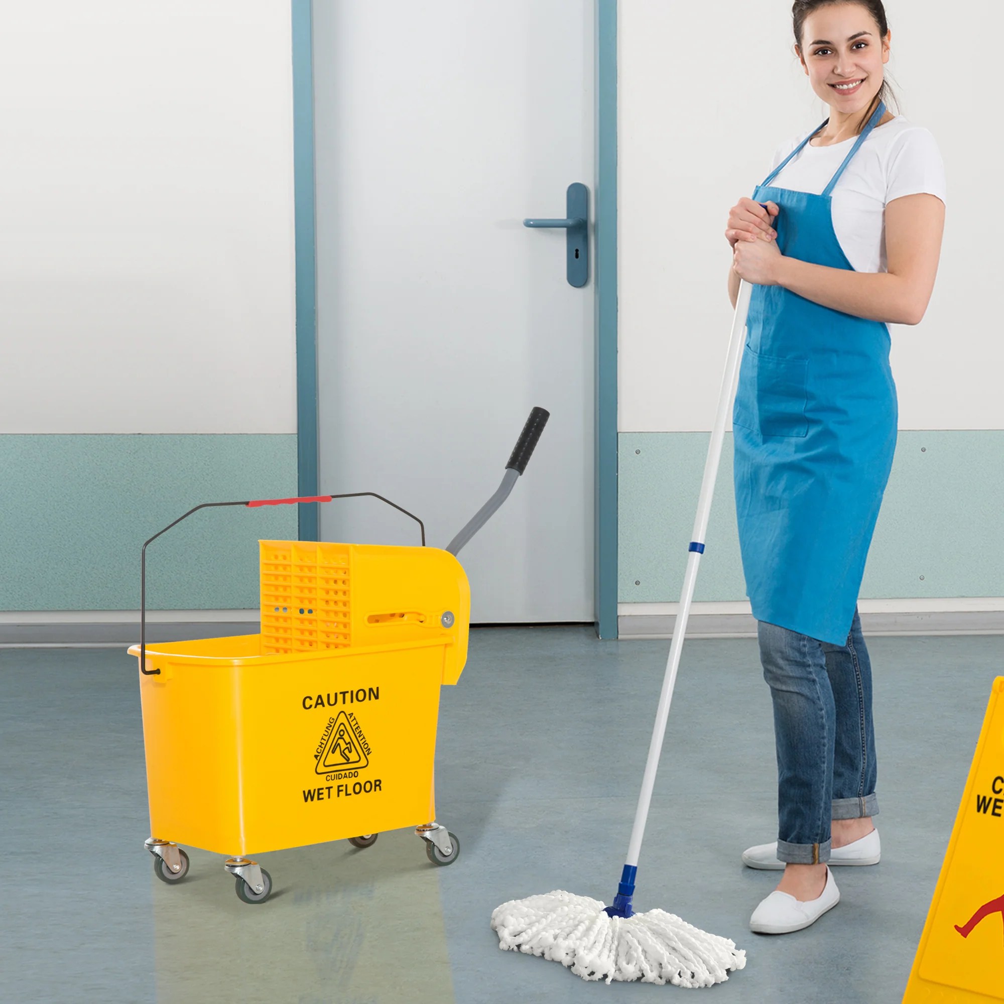 HOMCOM Putzeimer mit Auswringer 2 Fächer mit Rollen