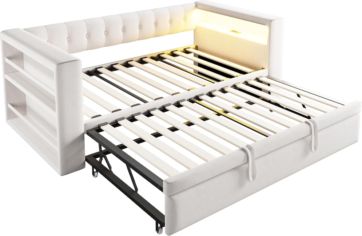 Cama tapizada 90/180 × 190 cm, con iluminación LED, enchufes y mucho espacio de almacenamiento; cama tapizada, cama individual, sofá cama multifuncional, color beige