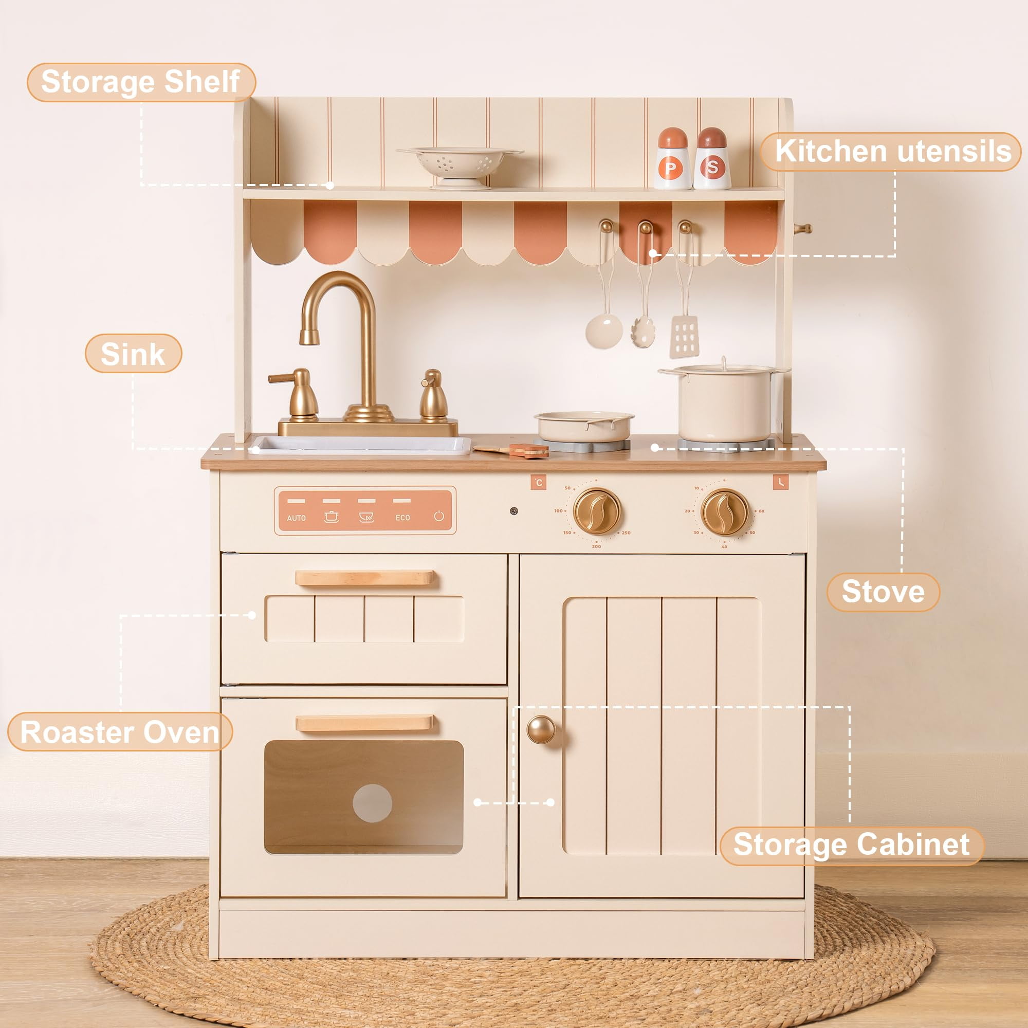 Robud Play Kitchen for Kids Toddlers, Wooden Pretend Play Kitchen Set Toy with Cutting Food Set, Toys Kitchen Gift for 3+ Kids,Beige