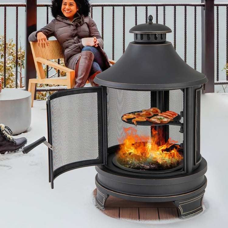 30 Inch Outdoor Fire Pit Chiminea with Grill for Garden BBQ