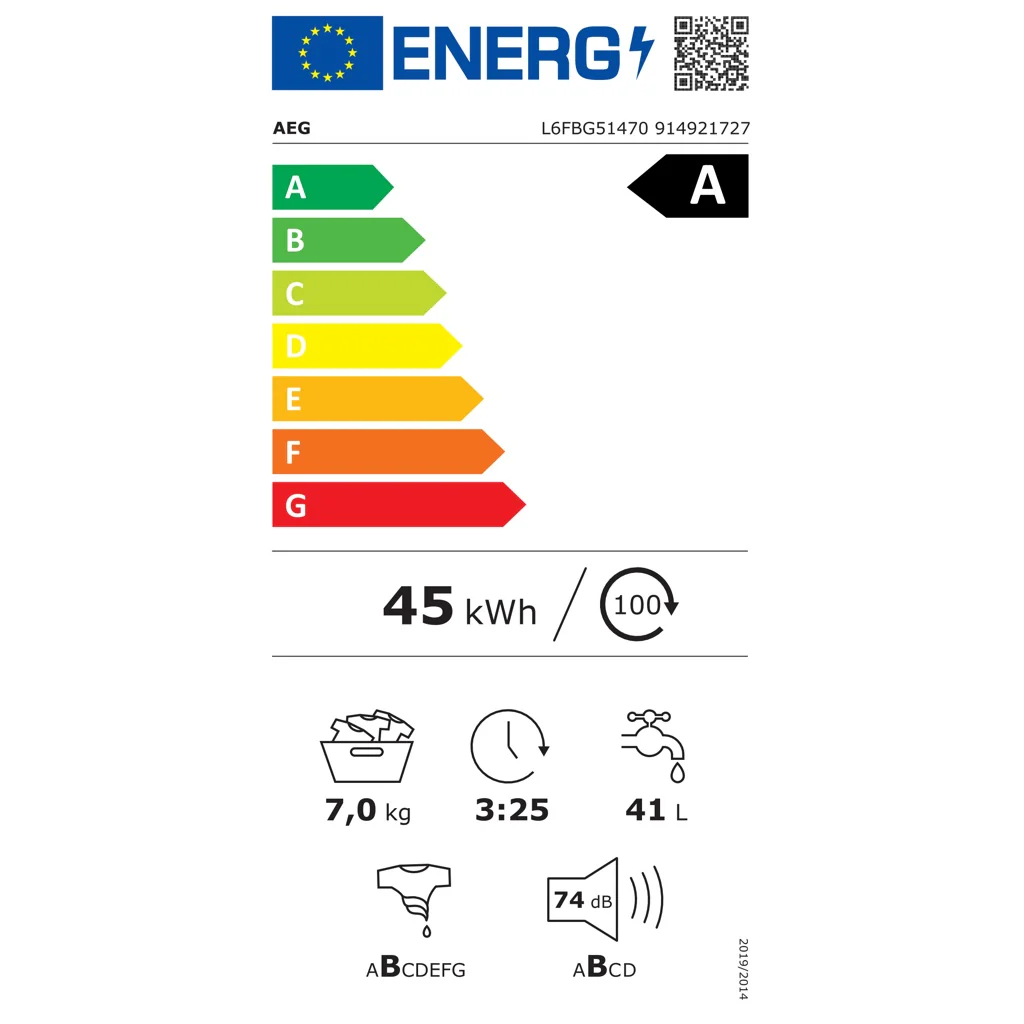 2025 Lavadora frontal AEG L6FBG51470 – 7 kg, 1400 rpm, clase A, blanca