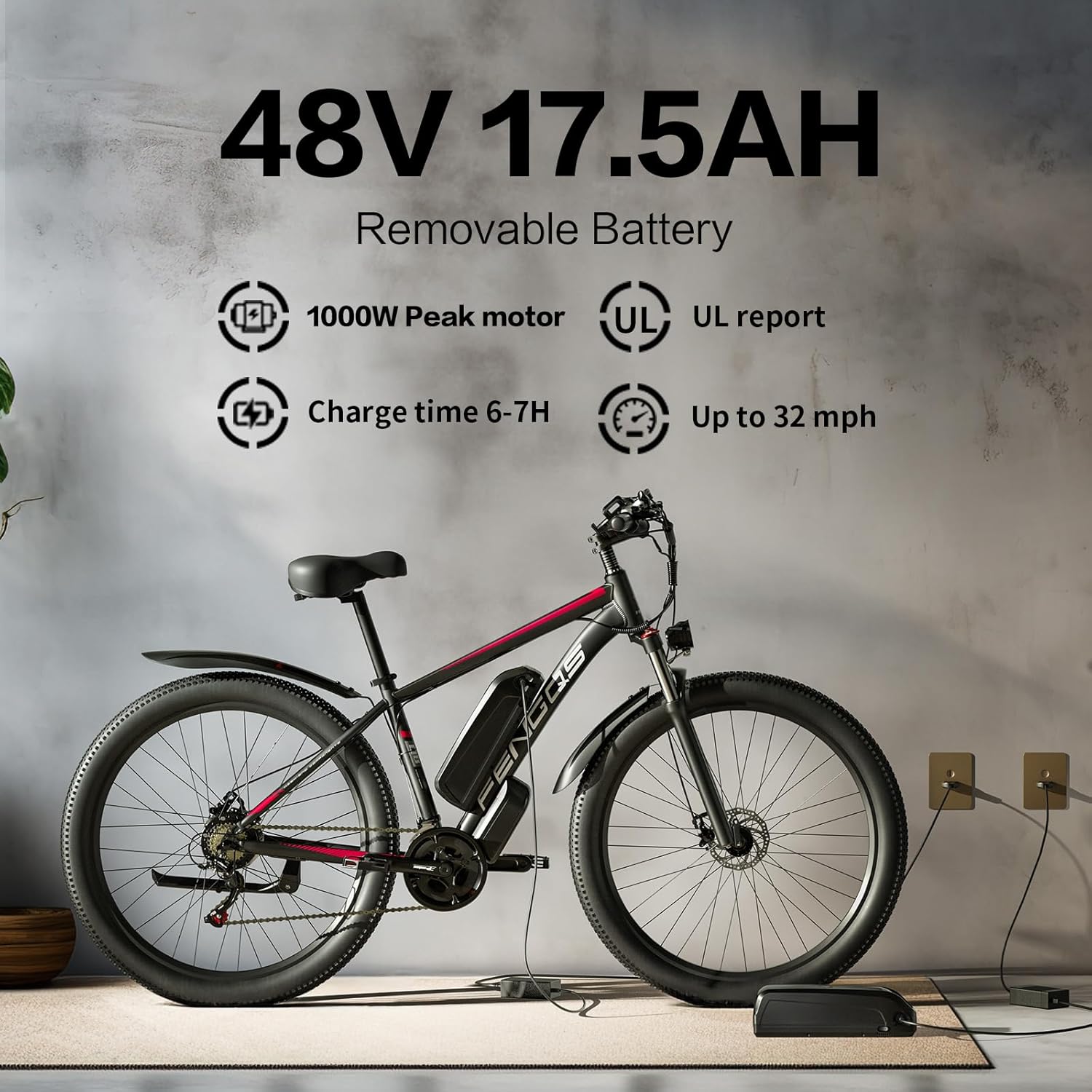 FENGQS Electric Bike for Adults,1000W Brushless Motor,21 Speed Gear,32MPH 55 Miles Ebike,48V17.5Ah Removable Battery Electric Mountain Bike,Commuting E Bike with Fork Suspension