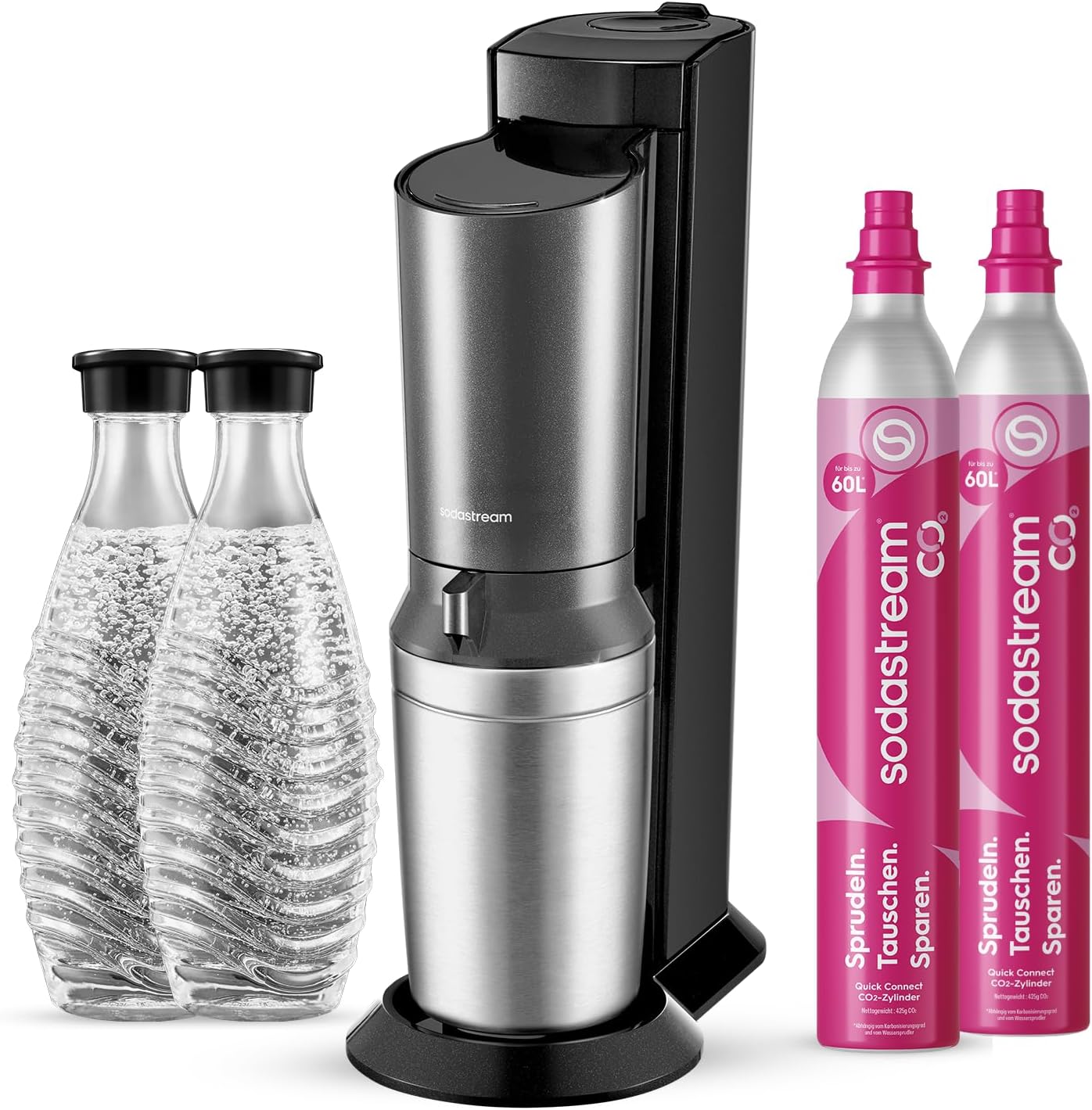 SodaStream Crystal 3.0 Wassersprudler mit 2x Quick-Connect CO2-Zylinder und 2x Glaskaraffen