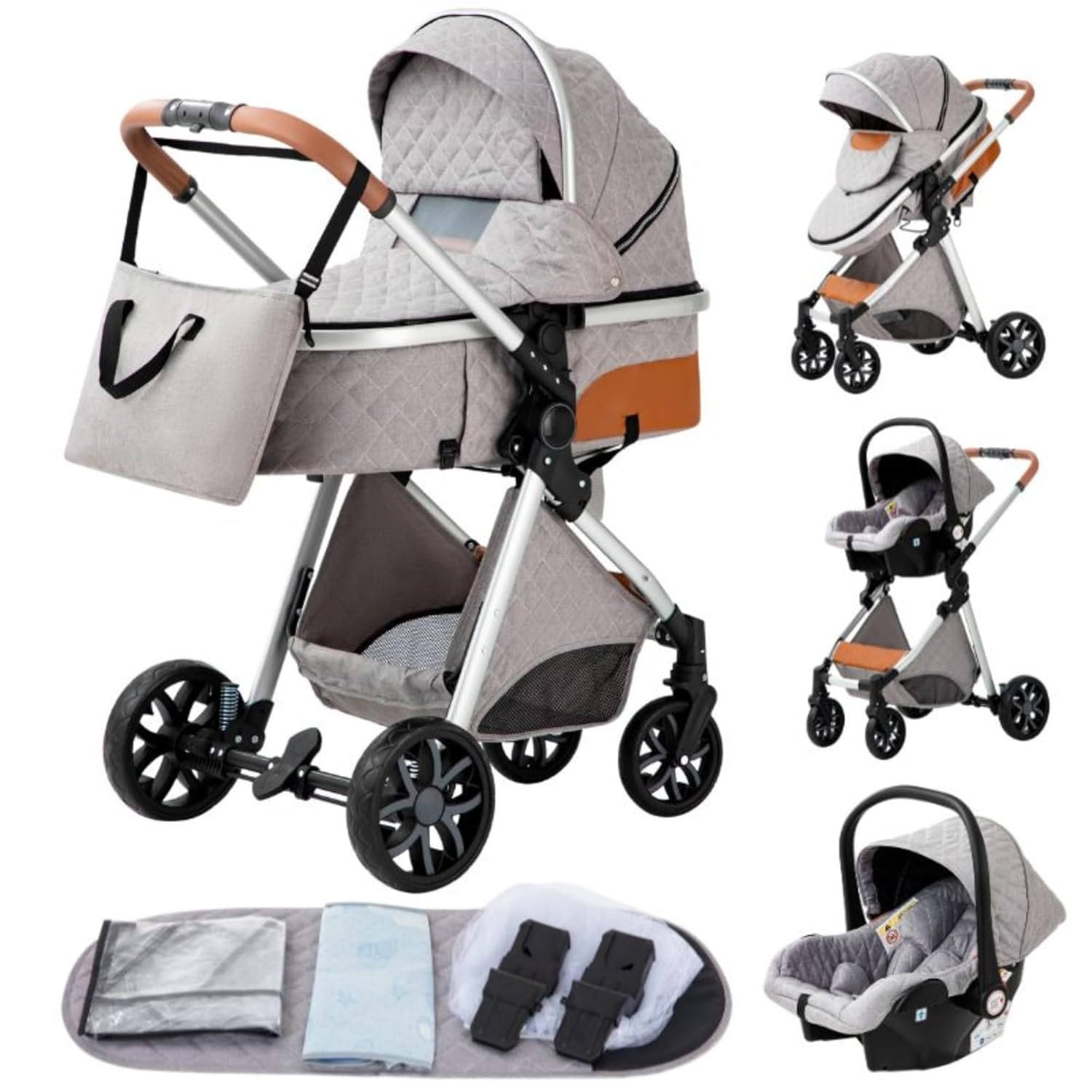 YAZOCO kinderwagen 3 in 1 Buggy Babybett Komplett Set Einem Klick Zusammenklappbarer Kinderwagen, KombiKinderwagen Aluminiumrahmen für Neugeborene (Schwarz)