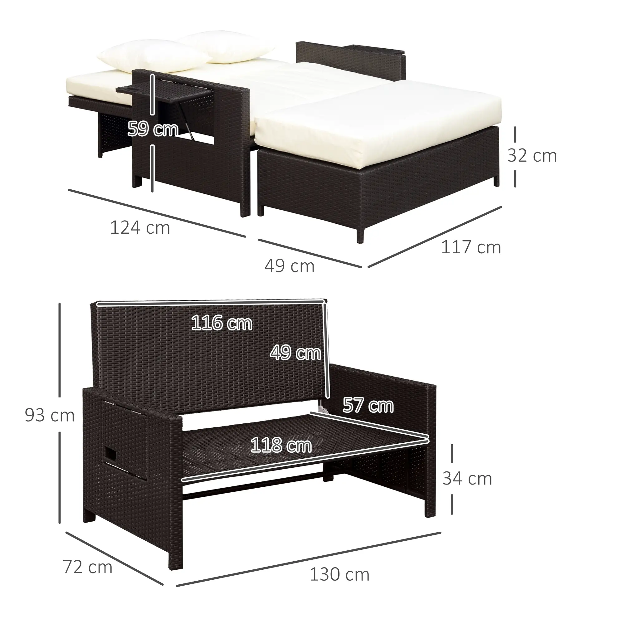 Outsunny Polyrattan Gartensofa 2in1 mit Hocker Stauraum Outdoor