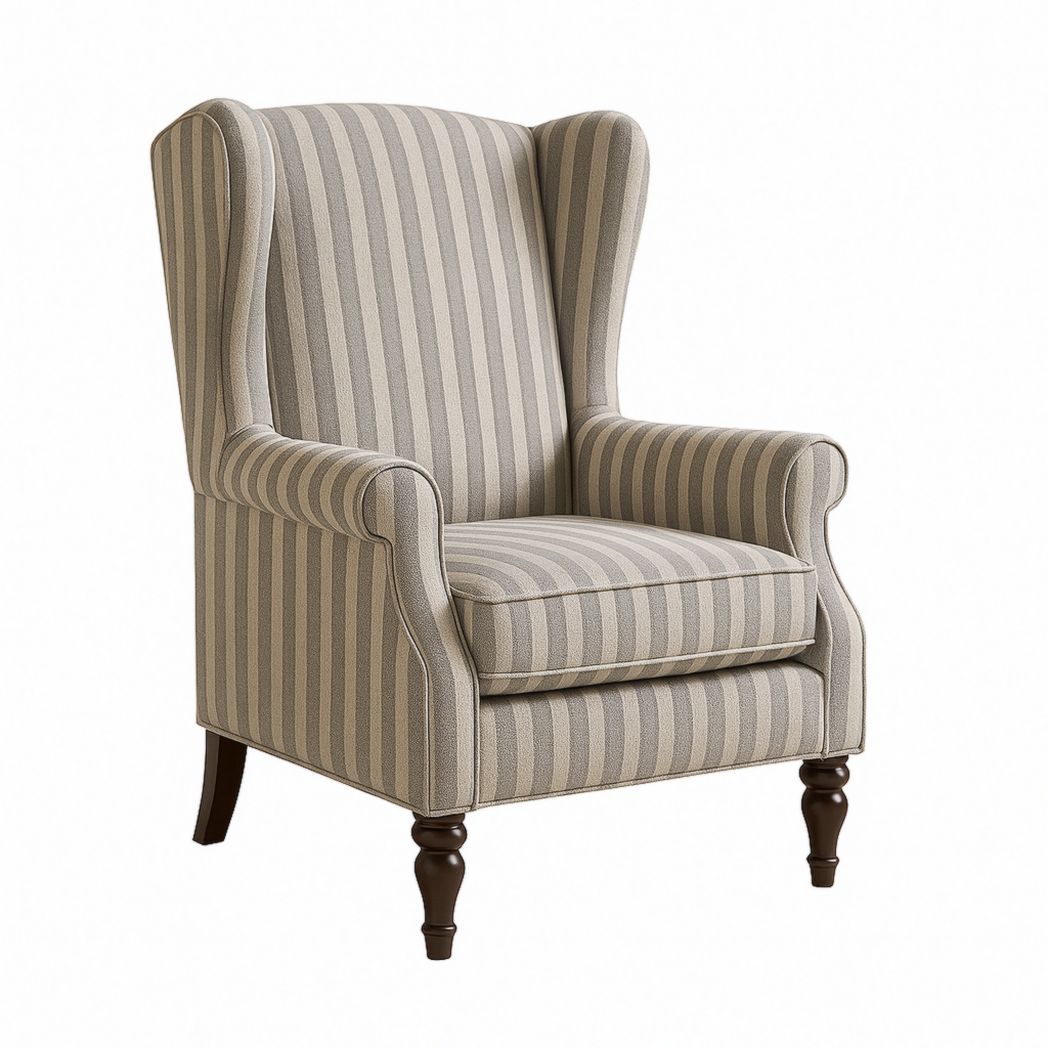 Sillón orejero de telas a rayas con patas de madera 100x85x80 cm