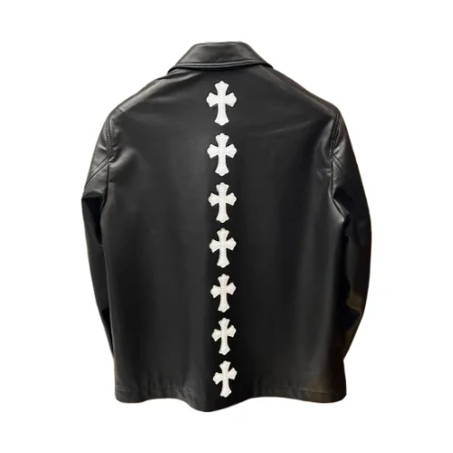 White Cross Patch Chrome Hearts Work Dog Leather Jacket