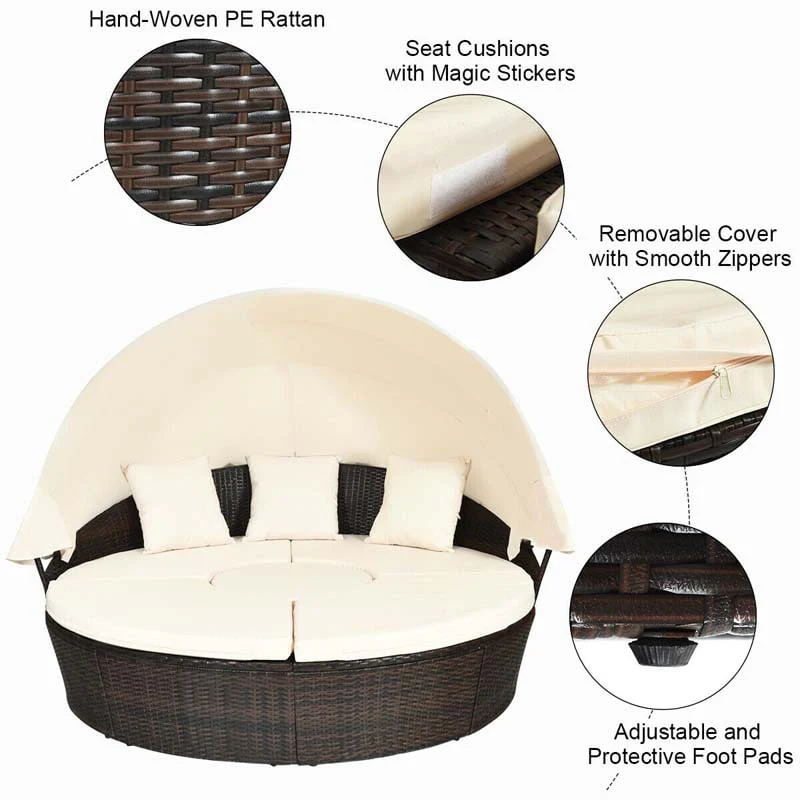 Eletriclife Patio Round Daybed Rattan Furniture Sets with Canopy