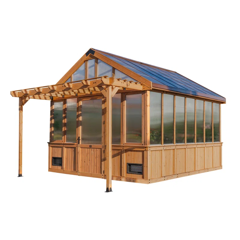 Backyard Discovery Bellerose XL 13' x 11' Cedar Wood and Polycarbonate Walk-In Outdoor Greenhouse Kit with Pergola