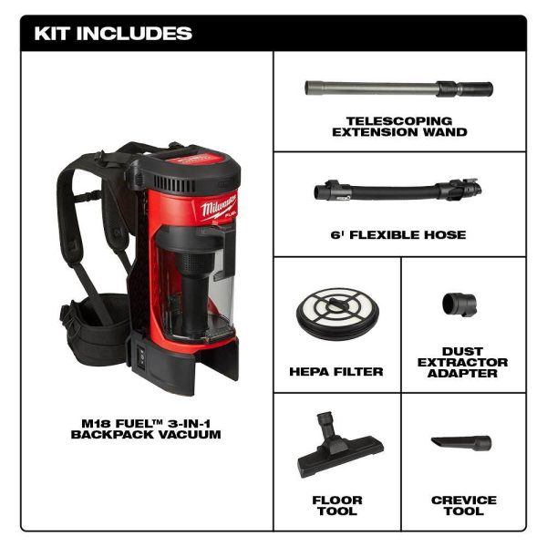 0885-20-49-90-1964 M18 FUEL 18-Volt Lithium-Ion Brushless 1 Gal. Cordless 3-in-1 Backpack Vacuum with Extra 9 ft. Pro-Grade Hose