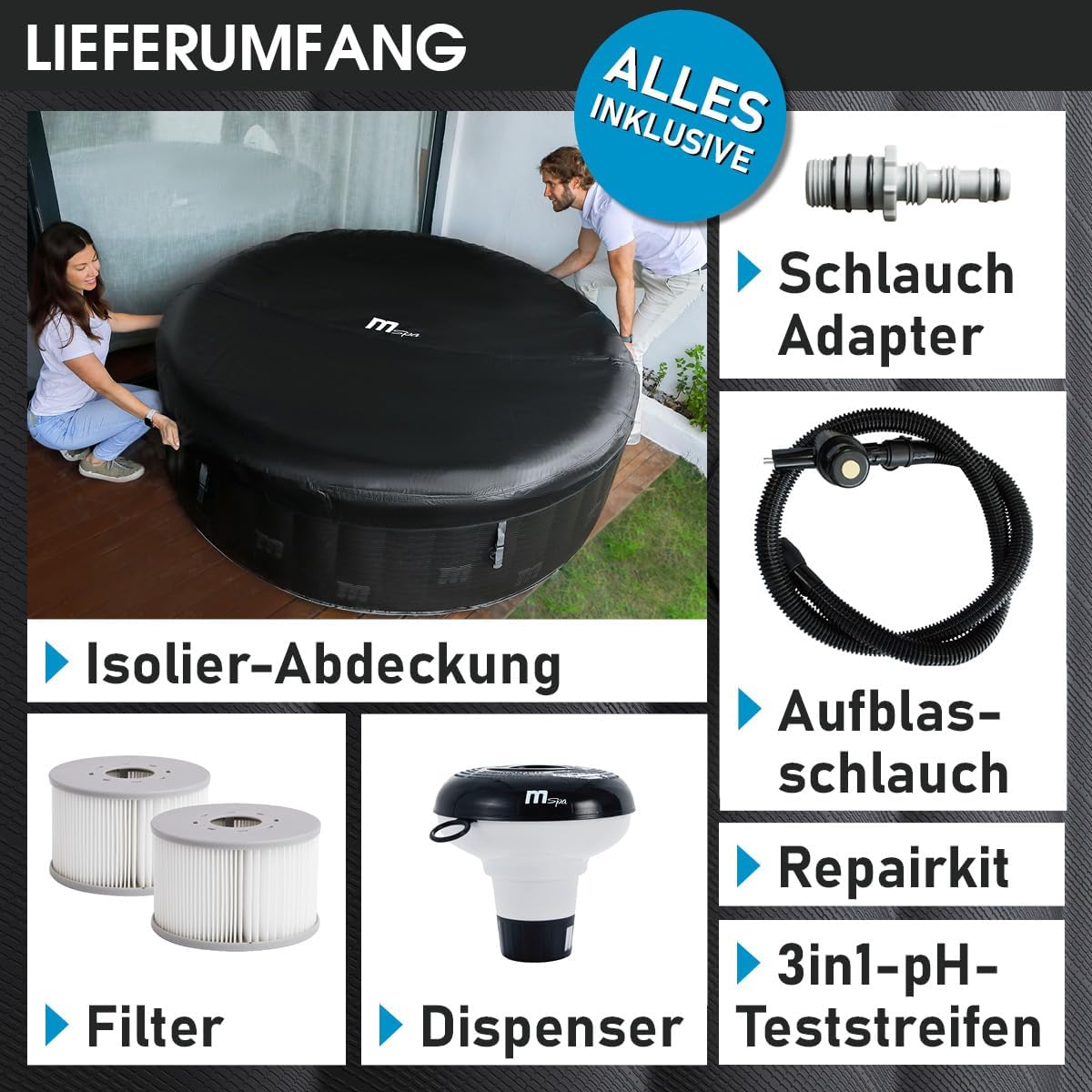 BRAST Whirlpool aufblasbar MSpa Starry mit LED Beleuchtung für 6 Personen Ø204x70cm In- Outdoor Pool 138 Massagedüsen Energiespar-Timer Heizung Bubble Wellness Massage
