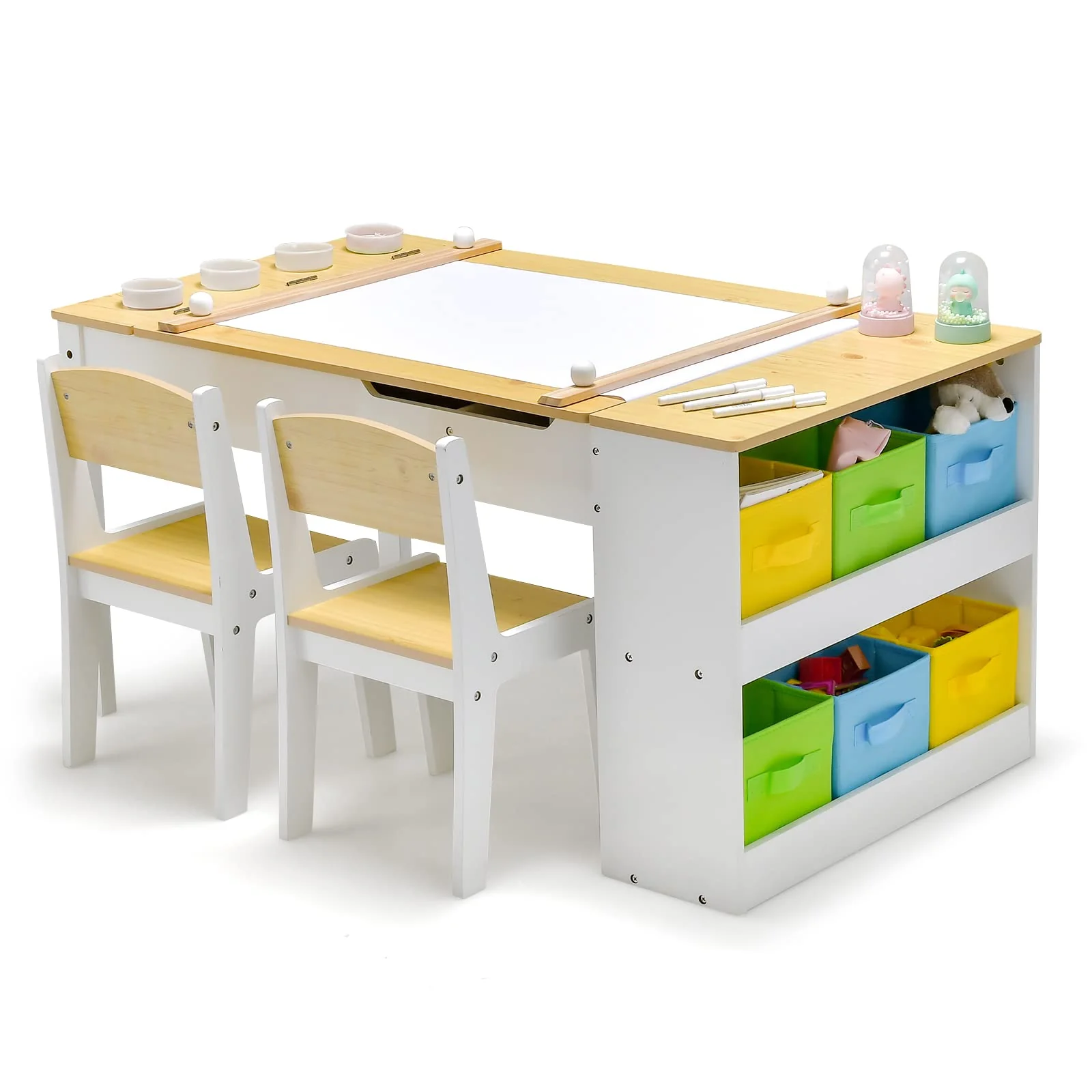 Kids Table and Chairs Set, 2 in 1 Wooden Art Table & Easel Set for Children with 2 Chairs