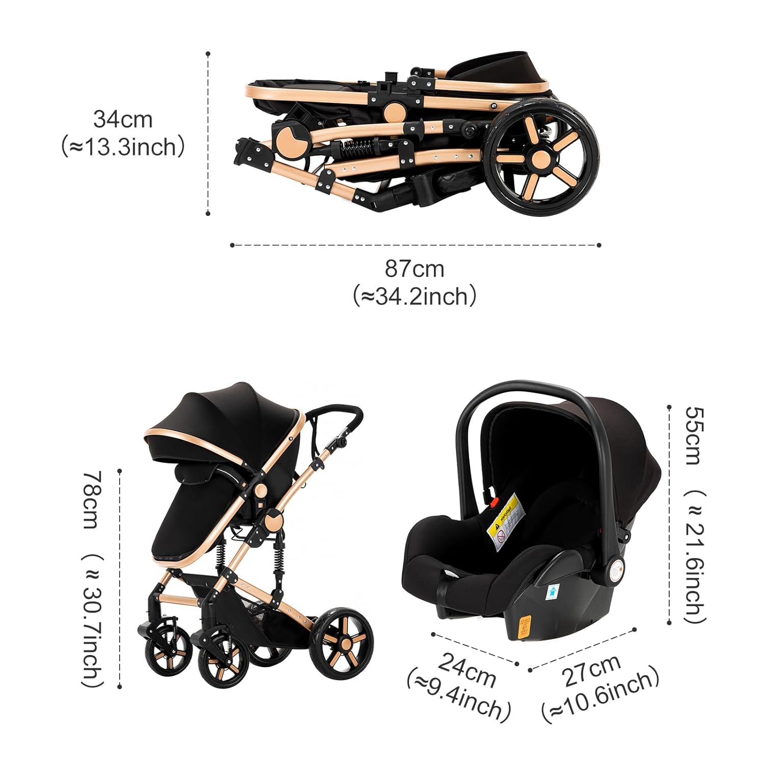 3 in 1 Kombikinderwagen 3 in 1 Reisesysteme Kinderwagen Infant Hochlandschaft Liegender Buggy Kinderwagen Neugeborenen Kinderwagen Faltbarer Standardkinderwagen (906 White)