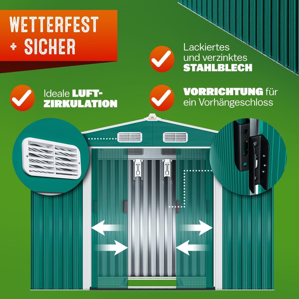 GARDEBRUK® XXL Metall Gerätehaus 5m² mit Fundament 260x205x180cm Schiebetür Grün Geräteschuppen Gartenhaus 9m³