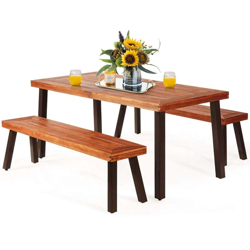 3 Pcs Rustic Acacia Wood Patio Dining Table Set With 2 Benches Outdoor Picnic Table Bench Set With Umbrella Hole - High Quality Set For Everyday Use
