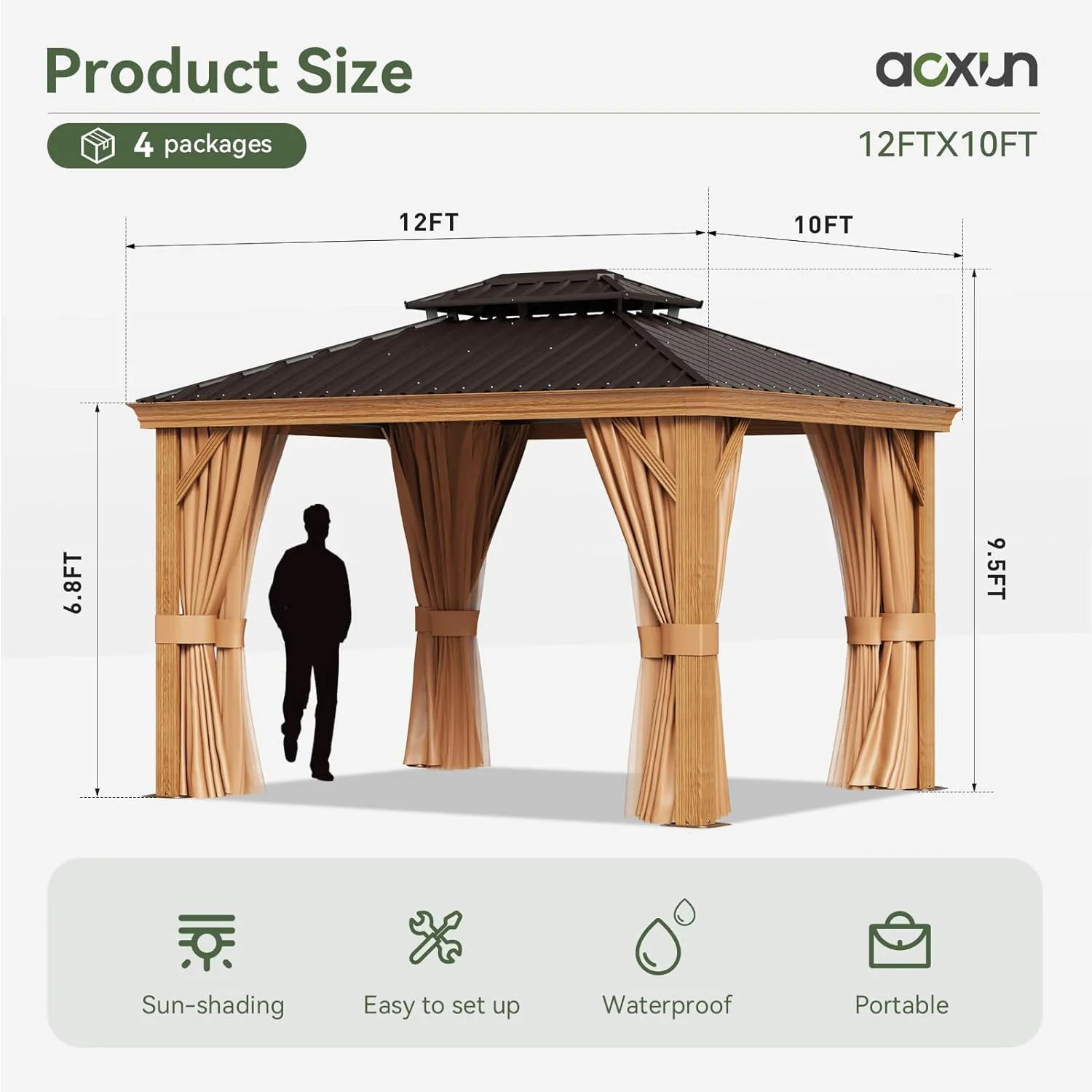 Wood Grain Hardtop Gazebo with Rain Gutter