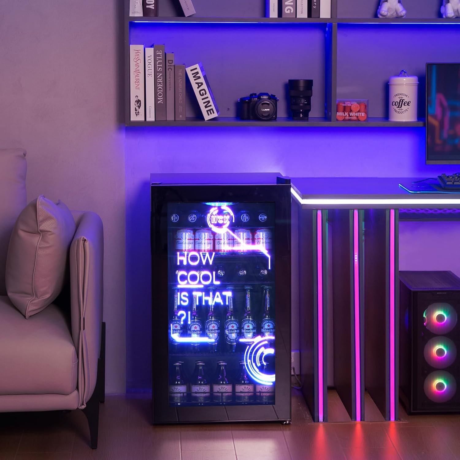 HCK 98L Getränkekühlschrank mit Cyberpunk RGB Beleuchtung, Minibar kleine Kühlschrank mit Glastür, lautlos 39dB, 0-15°C, Bierkühlschrank für Spielzimmer, Küche, Schwarz