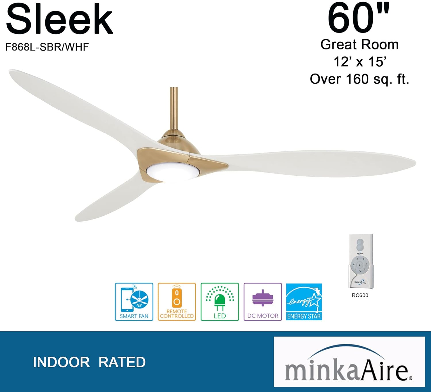 Minka-Aire Sleek 60′′ Ceiling Fan, Soft Brass/White, LED, Smart Remote/App Control, Energy Star Certified