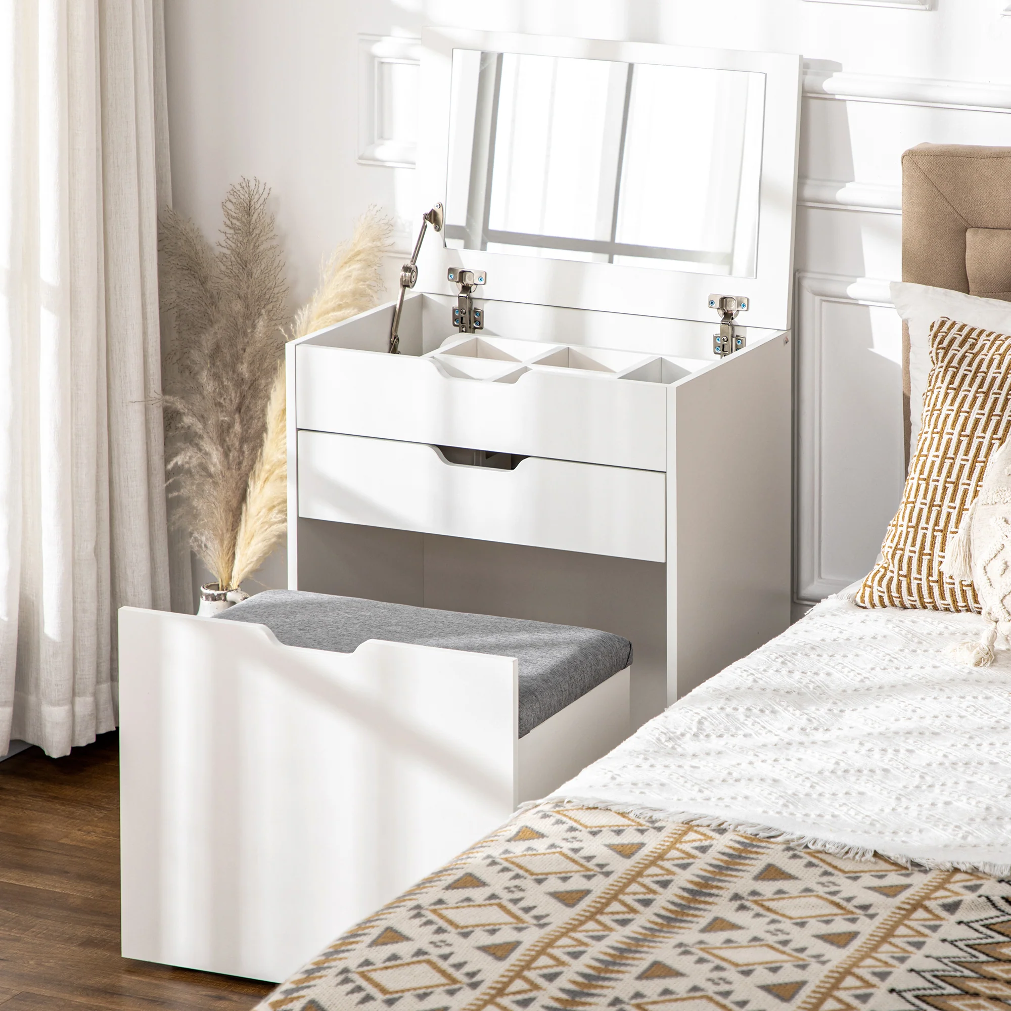 Easycomfort Toeletta da Camera con Specchiera, Cassetto e Sgabello Abbinato in Legno, Bianco