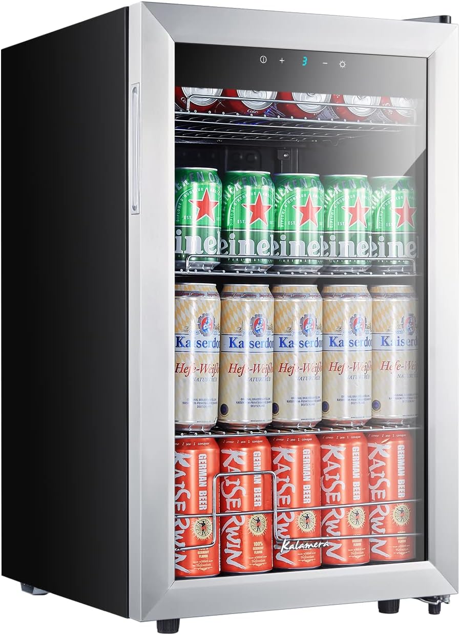 Kalamera Getränkekühlschrank, Bierkühlschrank mit Touch-Bedienfeld, 3-18°C Kühlzone, Flaschenkühlschrank 86 Liter, Blaue LED-Innenbeleuchtung, 41 dB, KRC-86GE