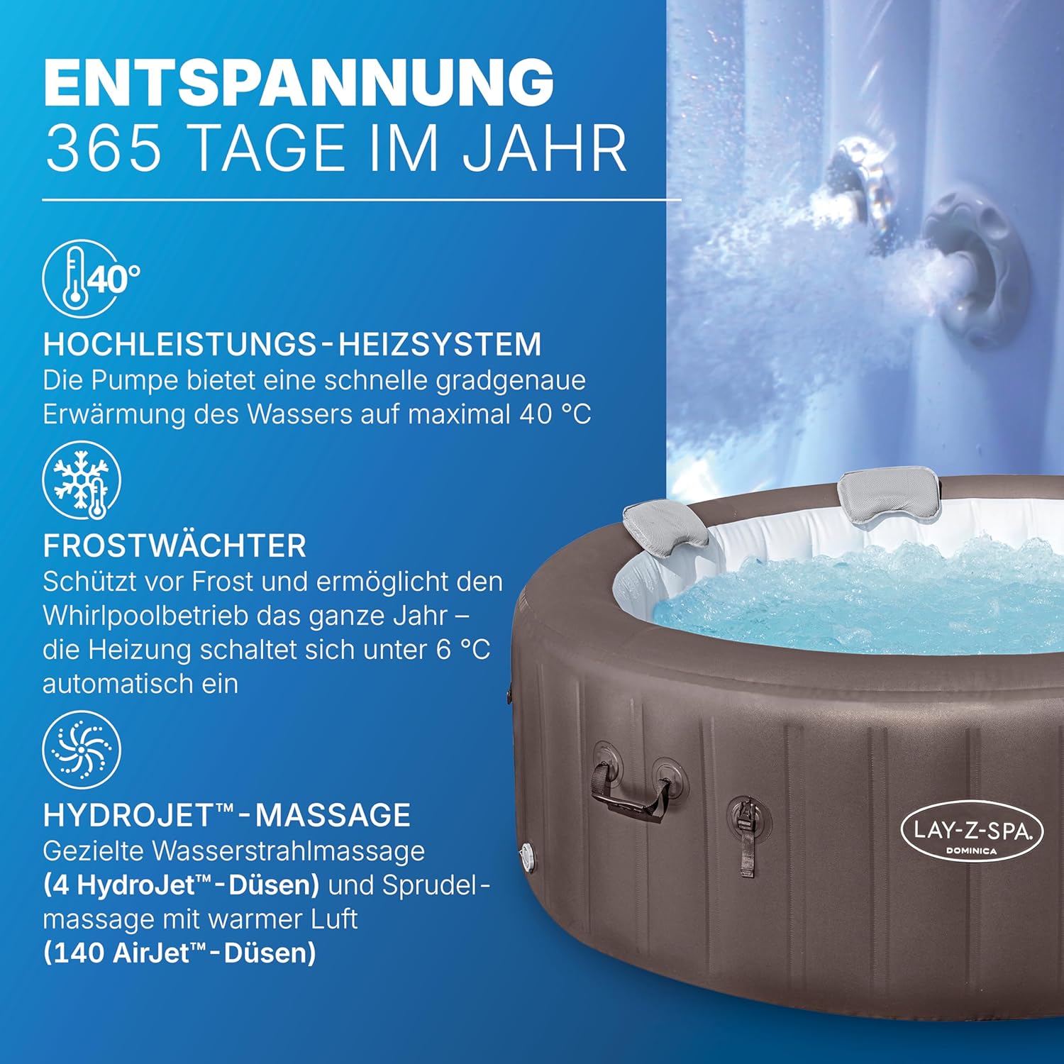 Bestway Lay-Z-SPA Whirlpool Dominica HydroJet, Ø 196 x 71 cm, 6 Personen, Heizung, Frostwächter, 4 HydroJet-Düsen, 140 AirJet-Düsen, App-Steuerung, Thermo-Abdeckung, Energieeffizient, Urbanbraun