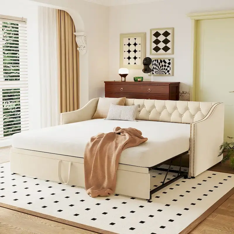 Upholstered Daybed with Trundle Bed and Tufted Backrest