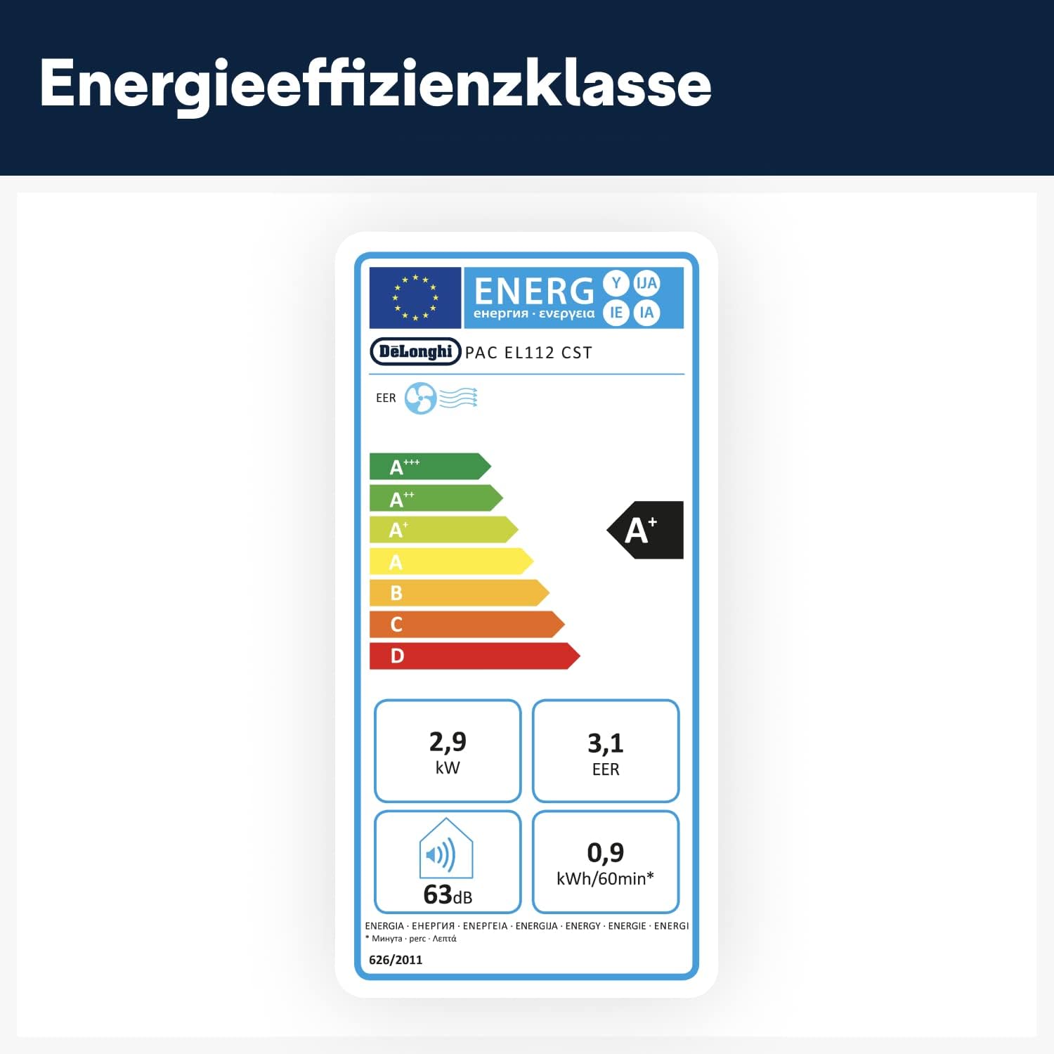 De'Longhi Pinguino PAC EL112 CST mobiles Klimagerät mit Abluftschlauch, Klimaanlage Für Räume bis 110 m³, Luftentfeuchter, Ventilationsfunktion, 24h-Timer, Schwarz