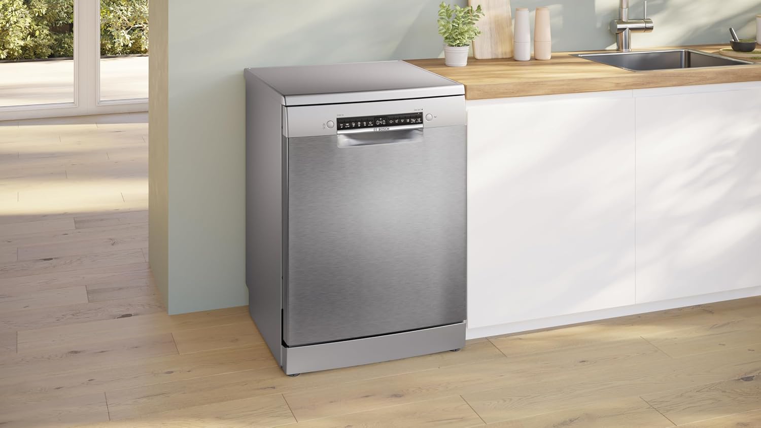 Bosch - Lavavajillas Libre Instalación, Serie 4, 60 cm. de ancho, 13 servicios, Función Extra Secado, Home Connect, Motor Eco Silence, Acero, SMS4HKI07E