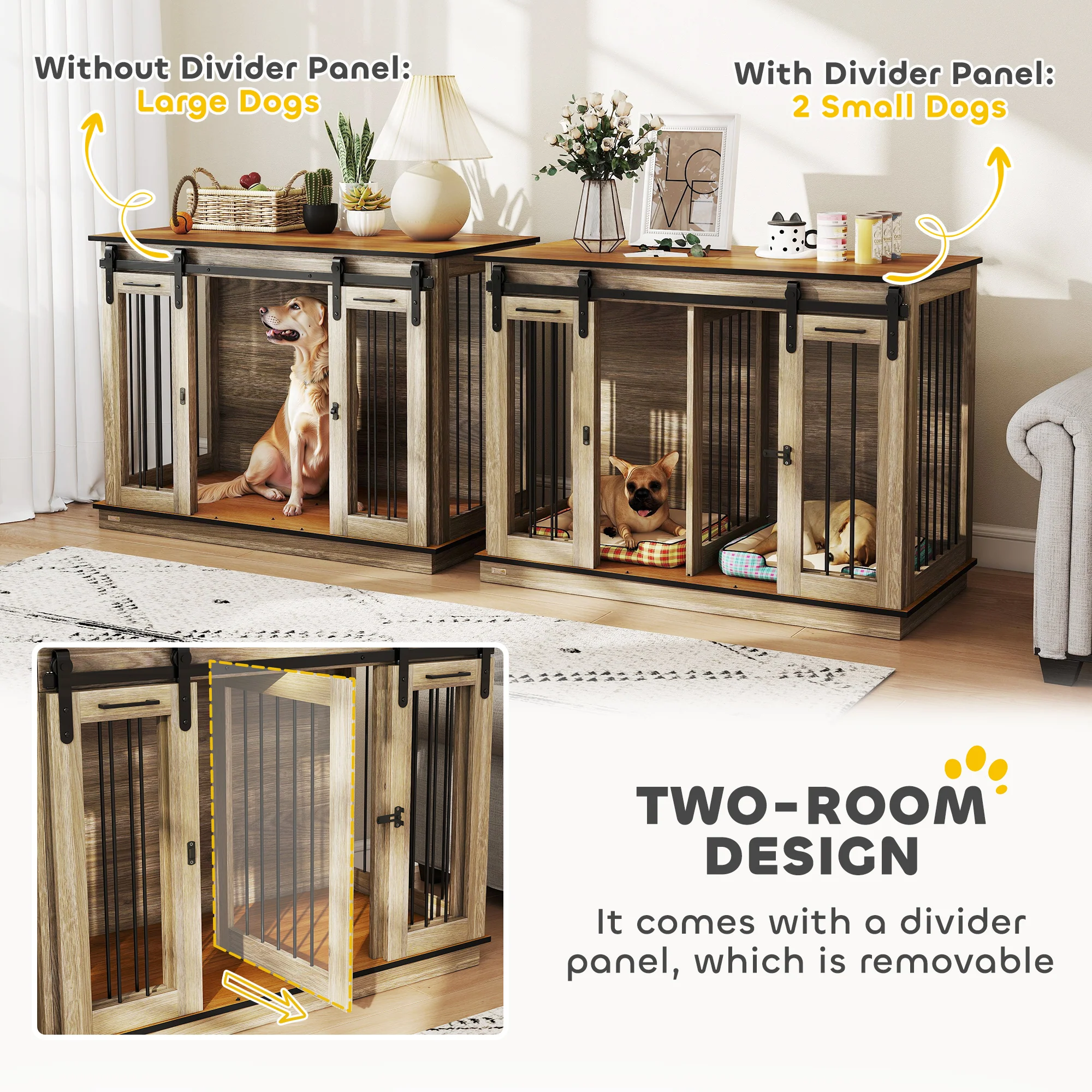 PawHut hondenkooi met 2 deuren, hondenbox, rustiek design, vergrendelbaar, bruin